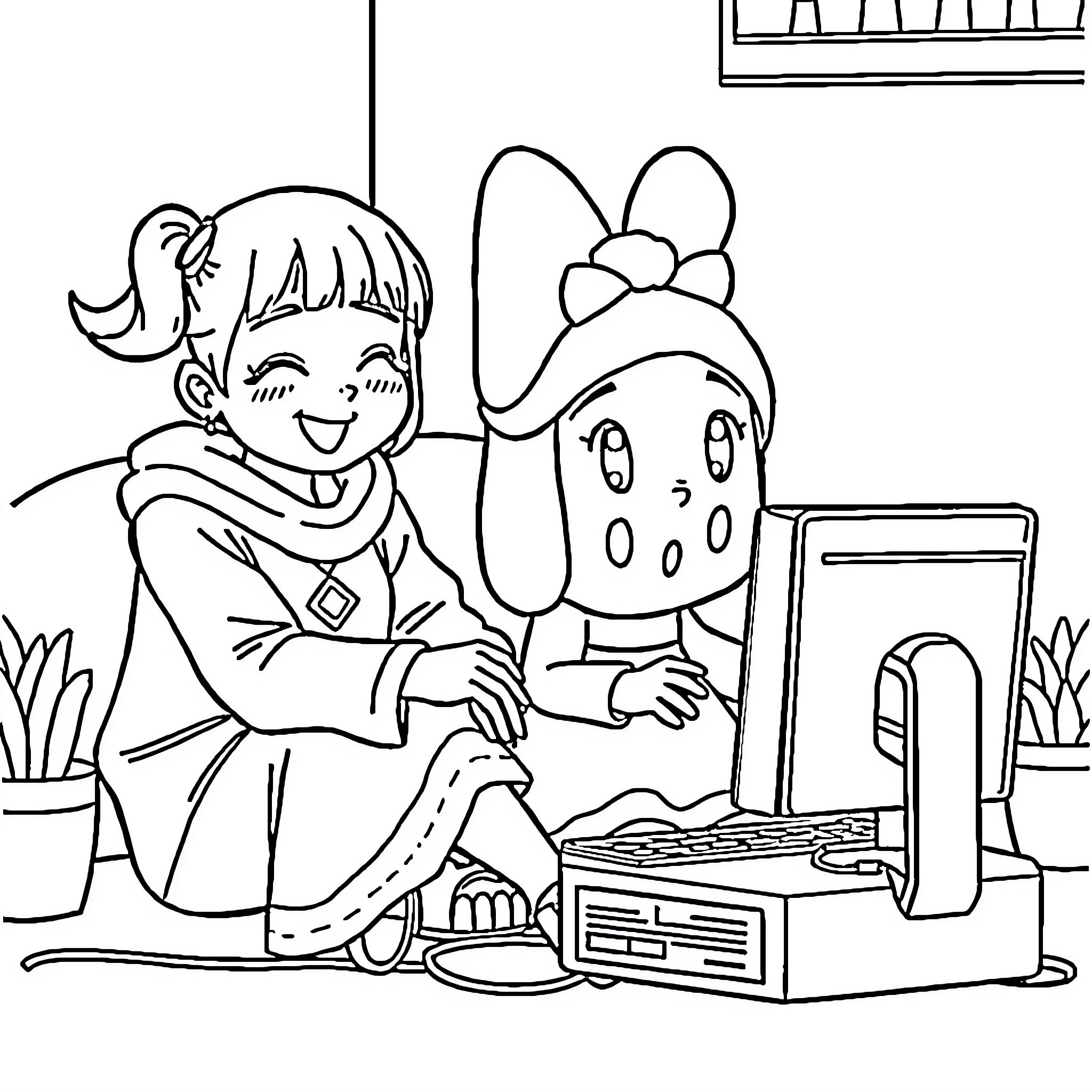 Kuromi and friend enjoying technology together Coloring Page (free black-and-white line drawing printable PDF for all, from beginners to advanced learners, including children, teens, adults, and seniors)