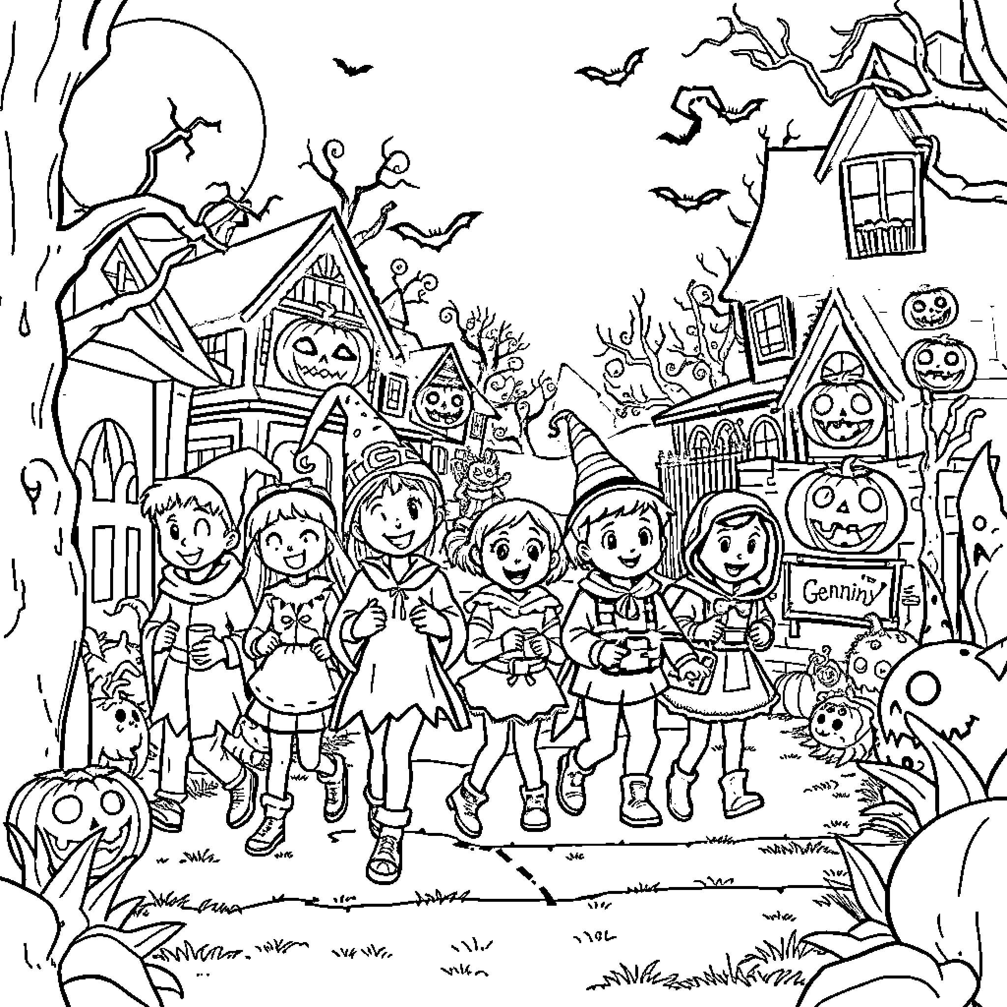 Kid's Spooky Halloween Celebration in Neighborhood Coloring Page (free black-and-white line drawing printable PDF for all, from beginners to advanced learners, including children, teens, adults, and seniors)