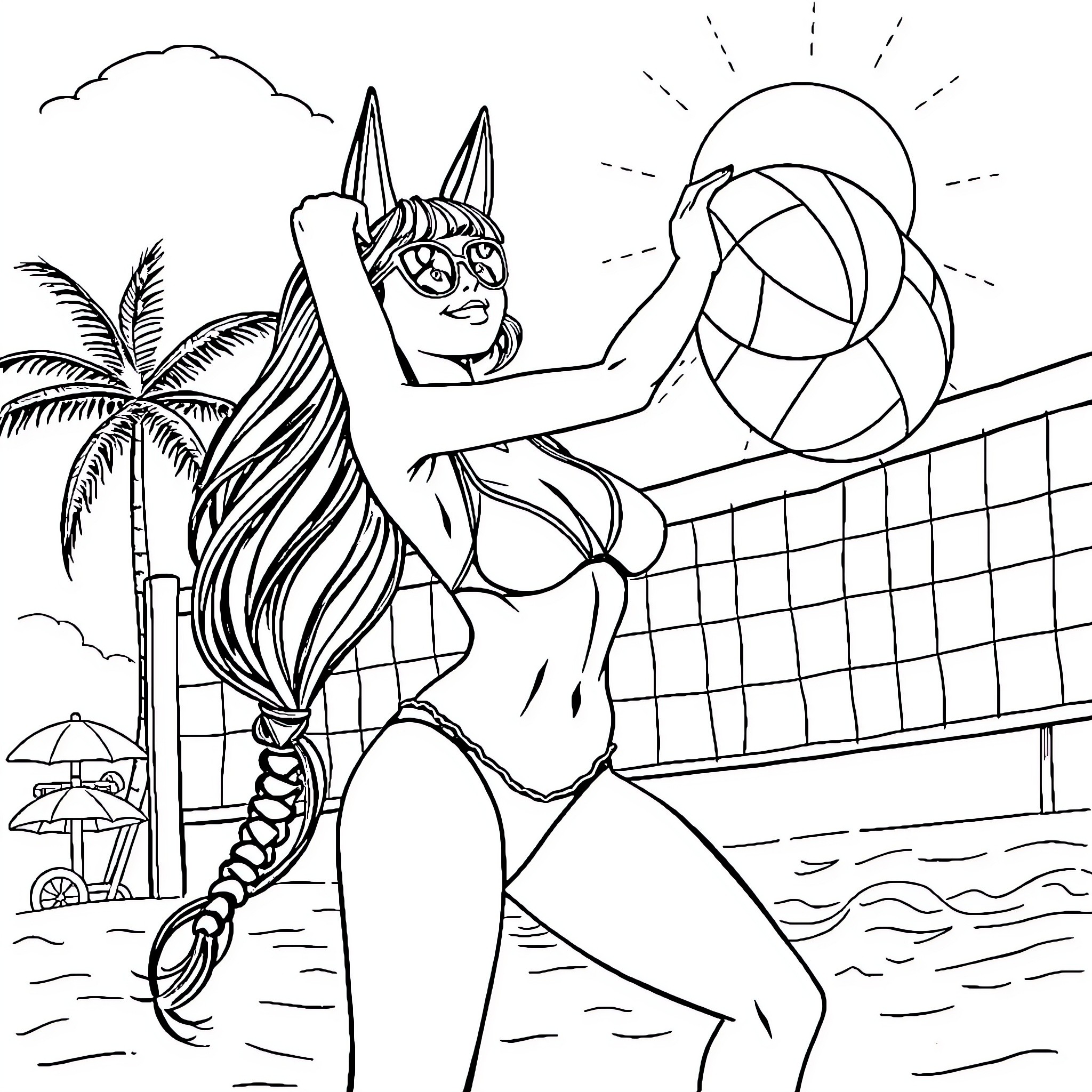 Jinx playing beach volleyball in the sun Coloring Page (free black-and-white line drawing printable PDF for all, from beginners to advanced learners, including children, teens, adults, and seniors)