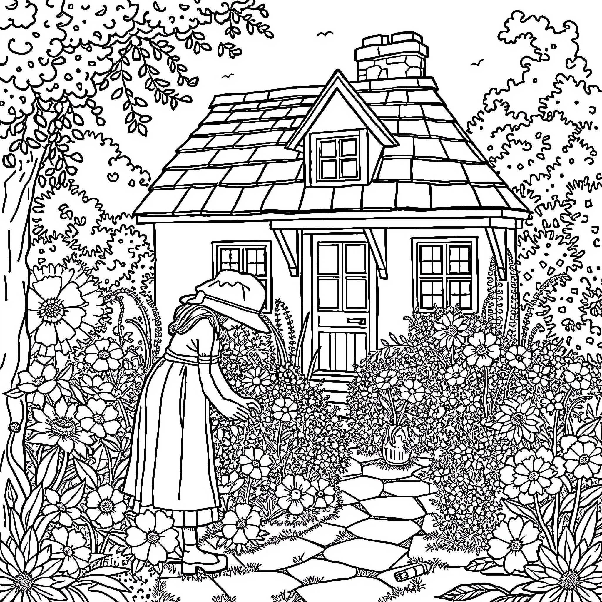 Woman watering garden in front of cozy cottage Coloring Page (free black-and-white line drawing printable PDF for all, from beginners to advanced learners, including children, teens, adults, and seniors)