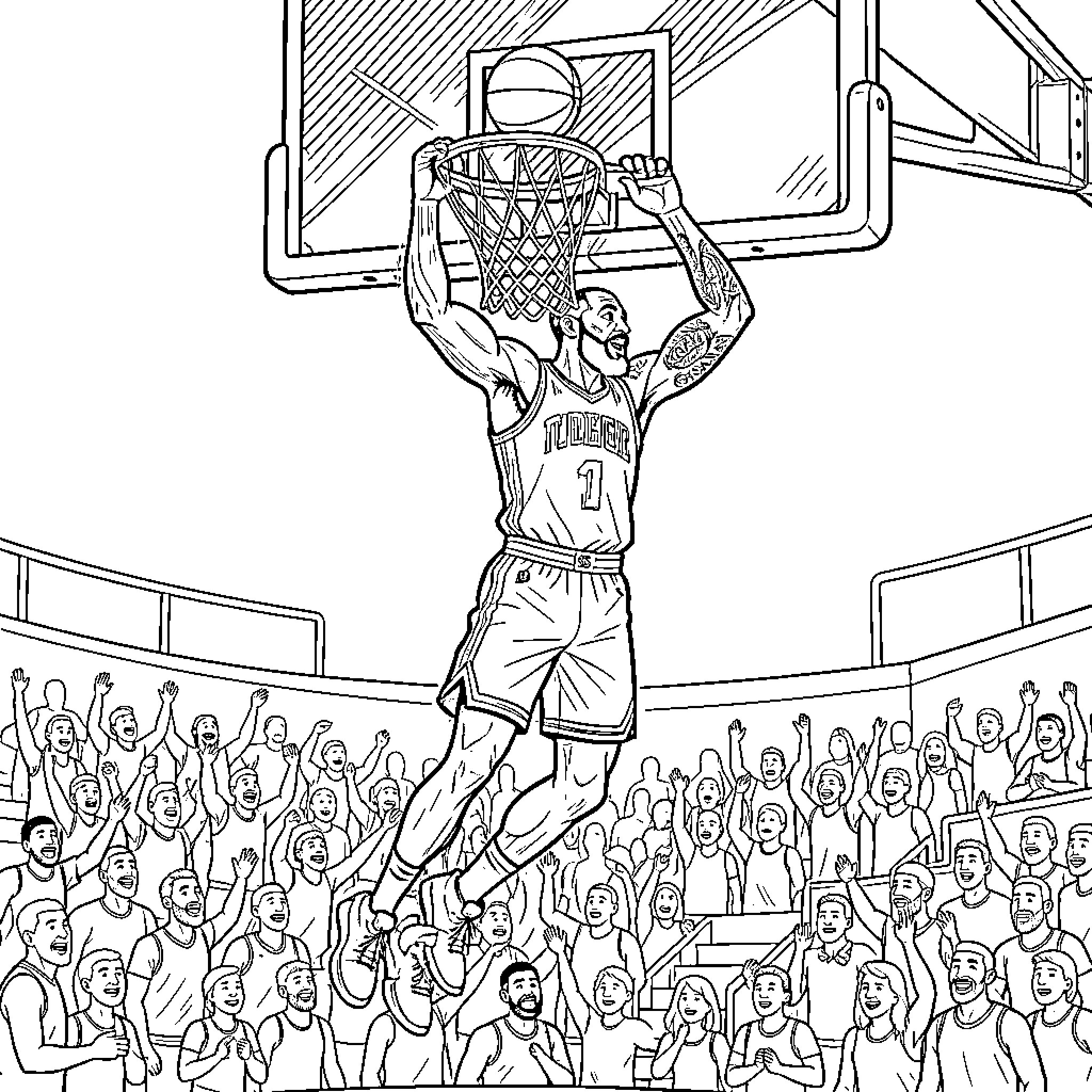 LeBron James performing a powerful slam dunk in a game Coloring Page (free black-and-white line drawing printable PDF for all, from beginners to advanced learners, including children, teens, adults, and seniors)
