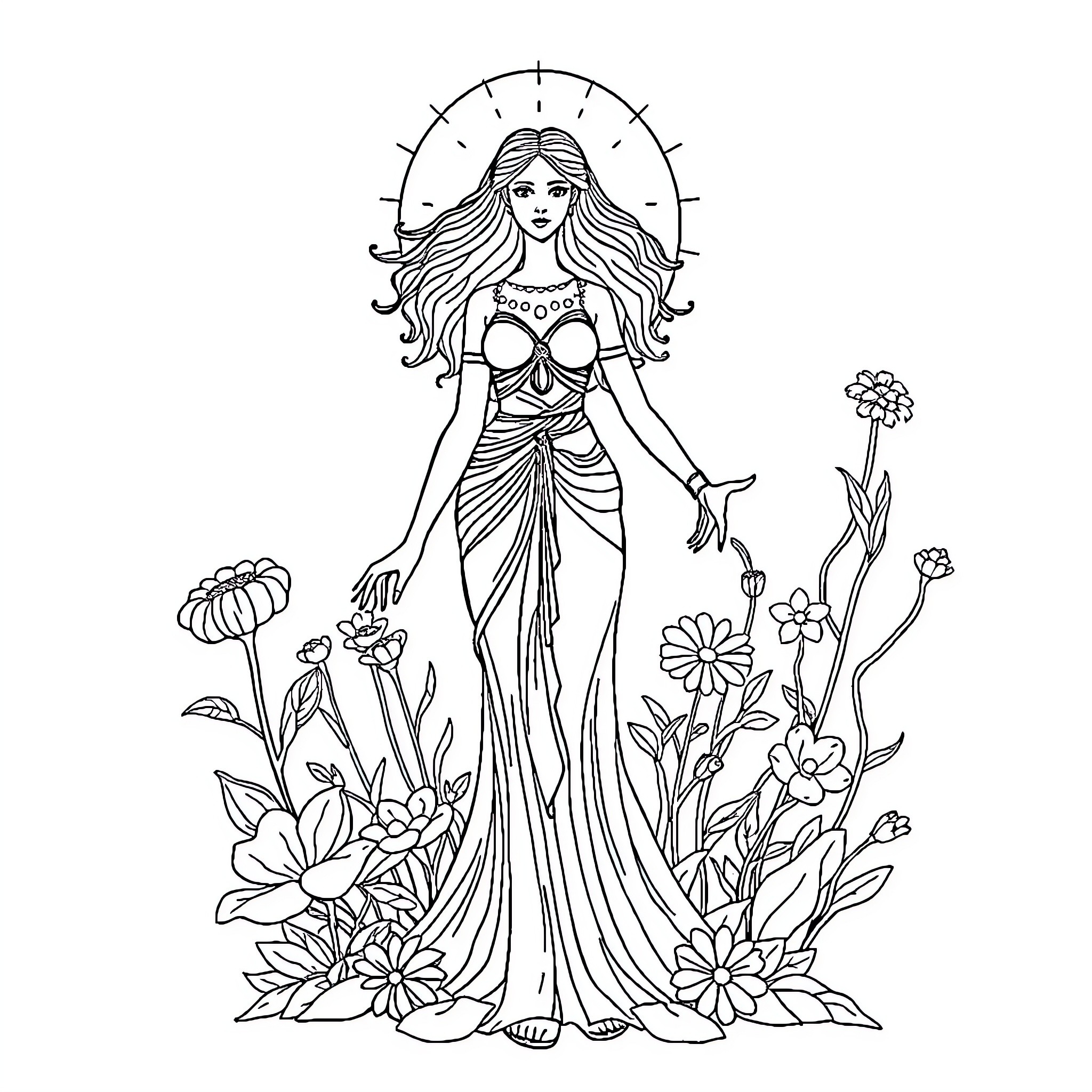 Goddess Gaia surrounded by blooming flowers Coloring Page (free black-and-white line drawing printable PDF for all, from beginners to advanced learners, including children, teens, adults, and seniors)