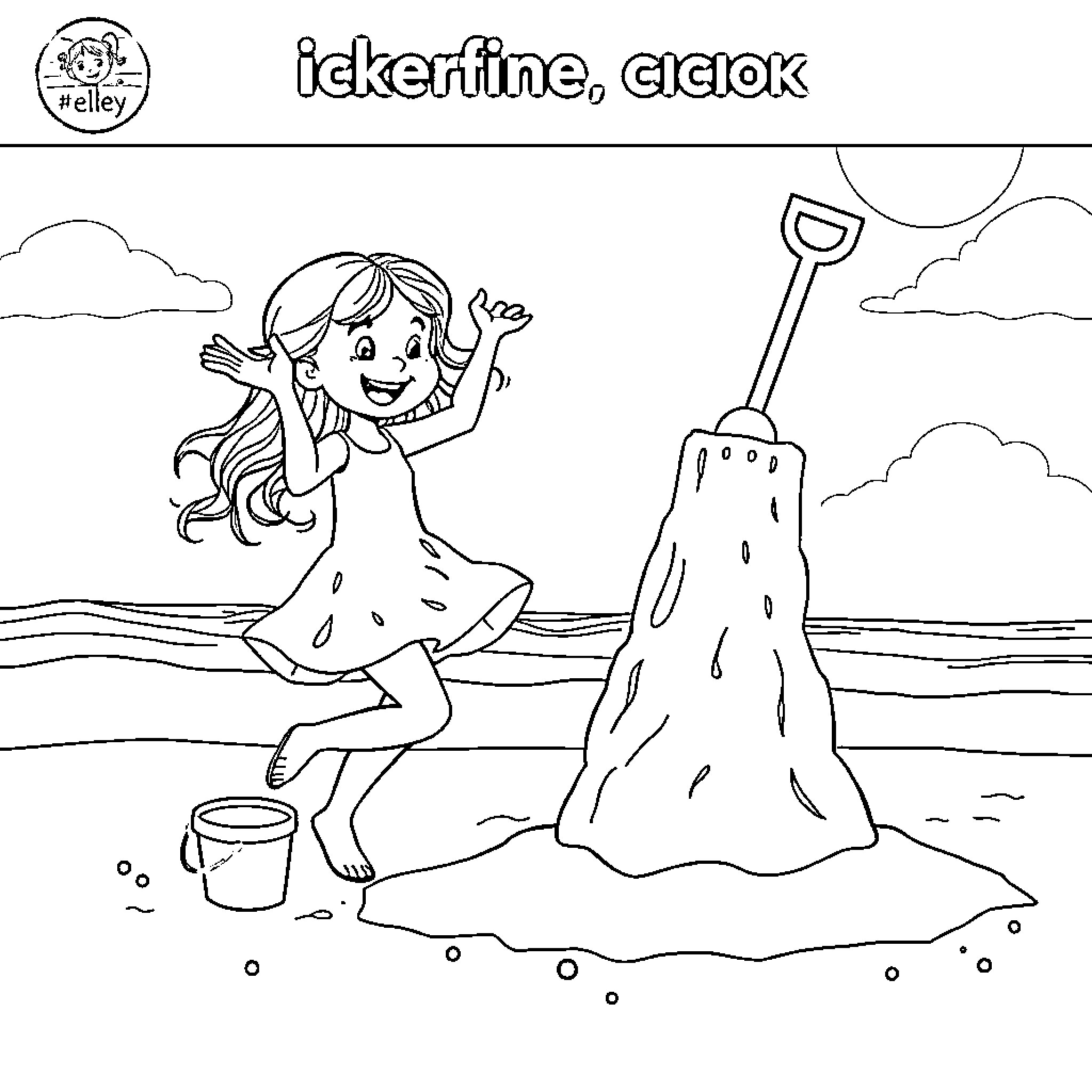 Ellie's Joyful Beach Day Coloring Page (free black-and-white line drawing printable PDF for all, from beginners to advanced learners, including children, teens, adults, and seniors)