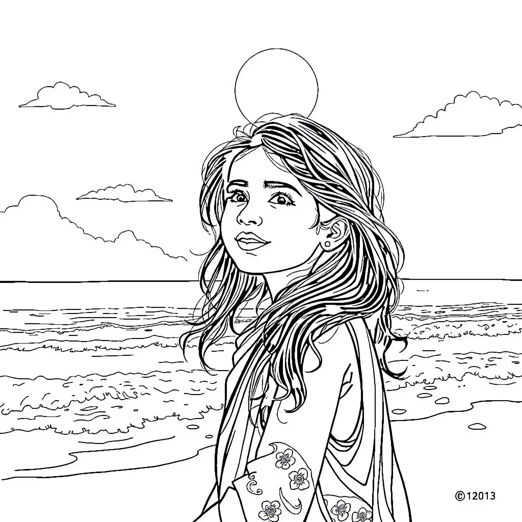 Teen Girl Gazing at the Ocean Horizon Coloring Page (free black-and-white line drawing printable PDF for all, from beginners to advanced learners, including children, teens, adults, and seniors)