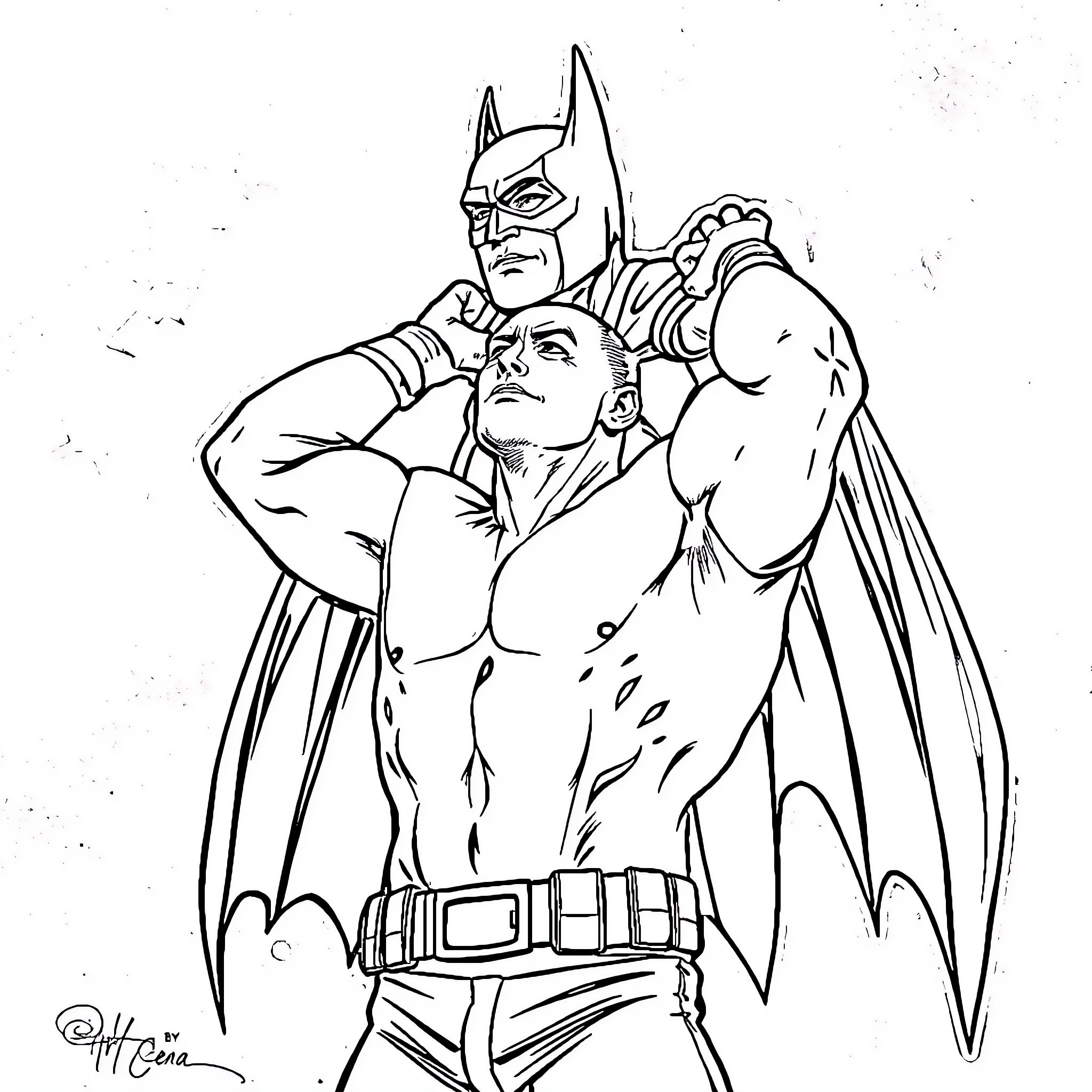 John Cena as Batman rescuing an injured person Coloring Page (free black-and-white line drawing printable PDF for all, from beginners to advanced learners, including children, teens, adults, and seniors)