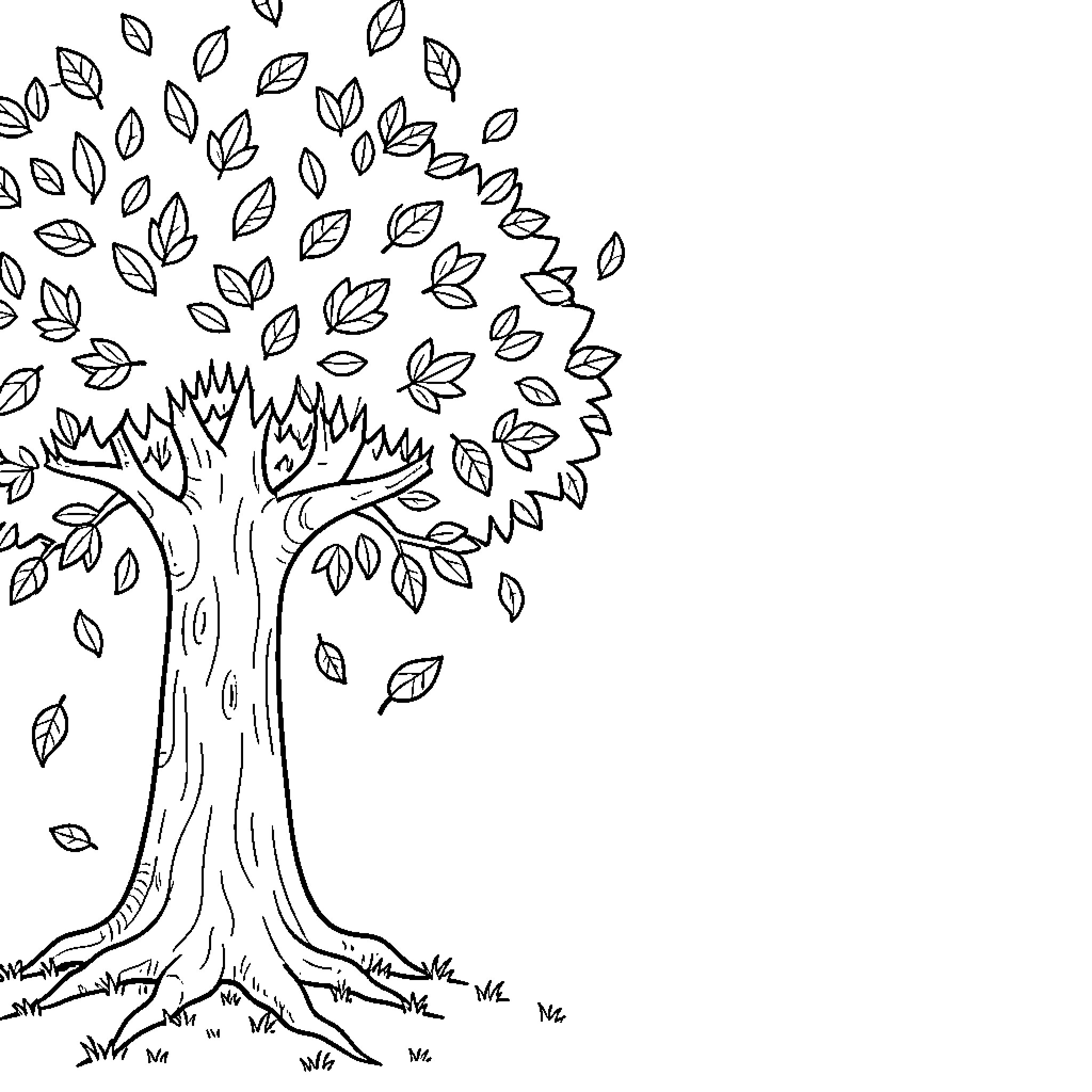 Pom tree with many leaves falling in the wind Coloring Page (free black-and-white line drawing printable PDF for all, from beginners to advanced learners, including children, teens, adults, and seniors)