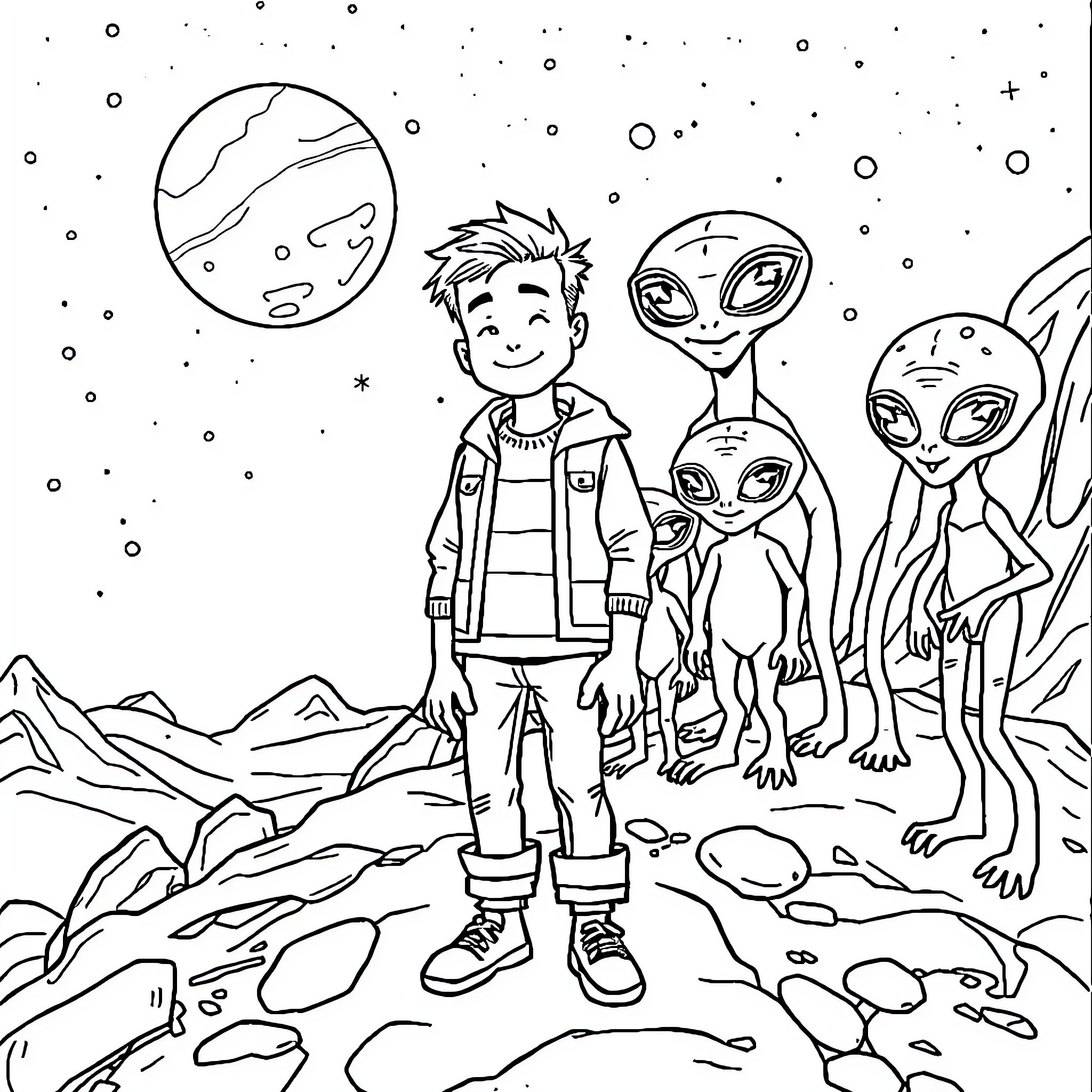 Bryan James Oliver and the Alien Encounter Coloring Page (free black-and-white line drawing printable PDF for all, from beginners to advanced learners, including children, teens, adults, and seniors)