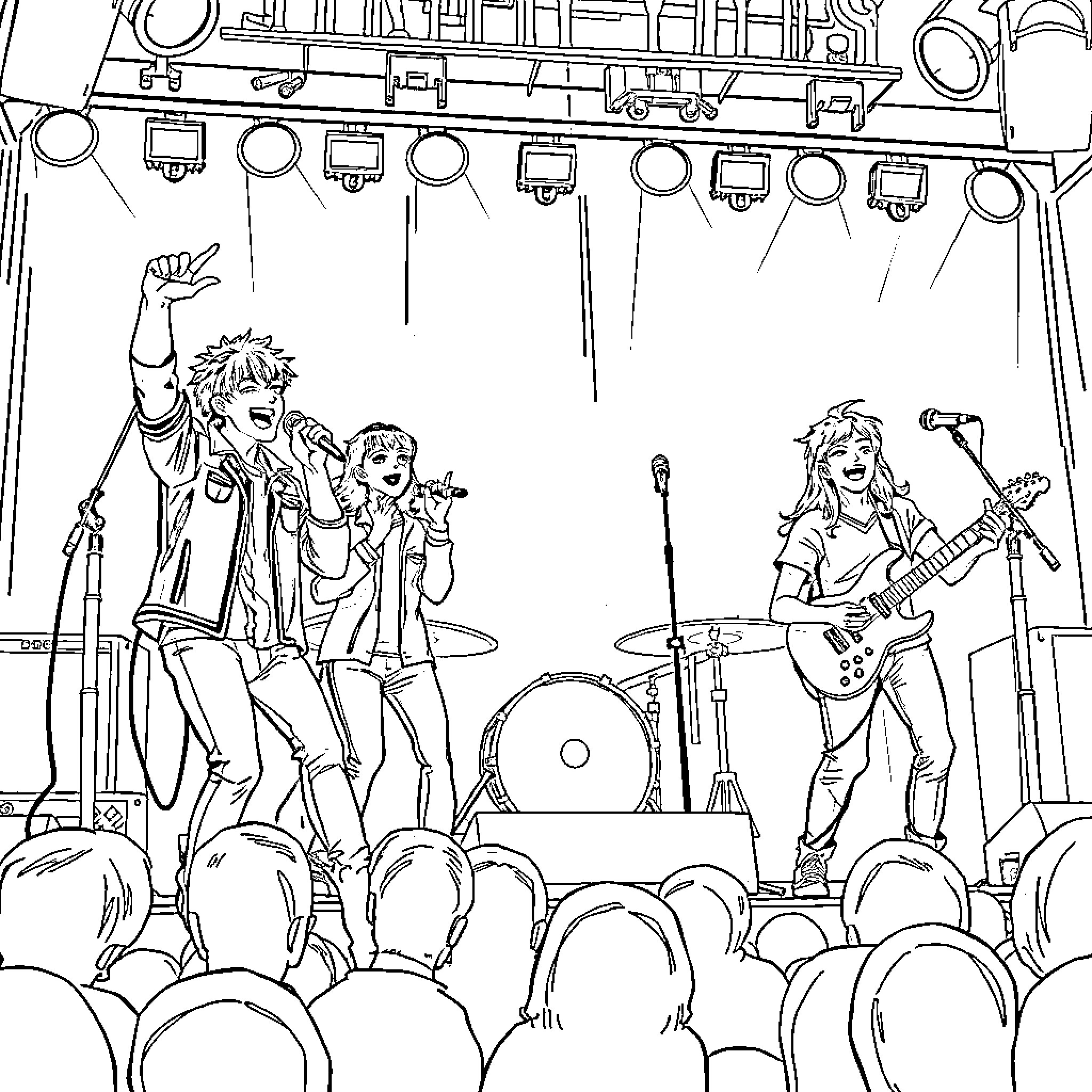 Stray Kids Performing Energetic Concert for Enthusiastic Crowd Coloring Page (free black-and-white line drawing printable PDF for all, from beginners to advanced learners, including children, teens, adults, and seniors)