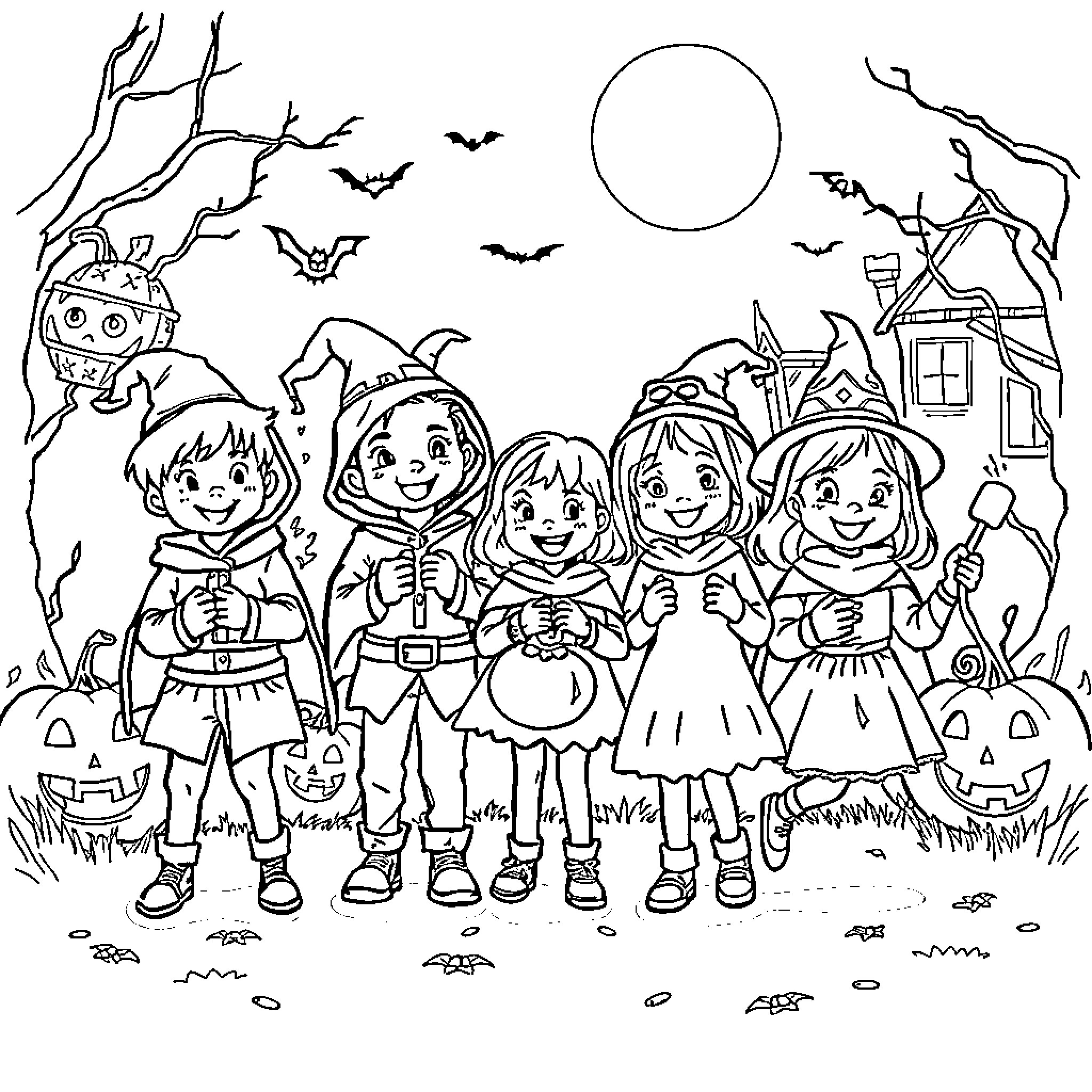 Halloween Fun with Costumed Children Coloring Page (free black-and-white line drawing printable PDF for all, from beginners to advanced learners, including children, teens, adults, and seniors)