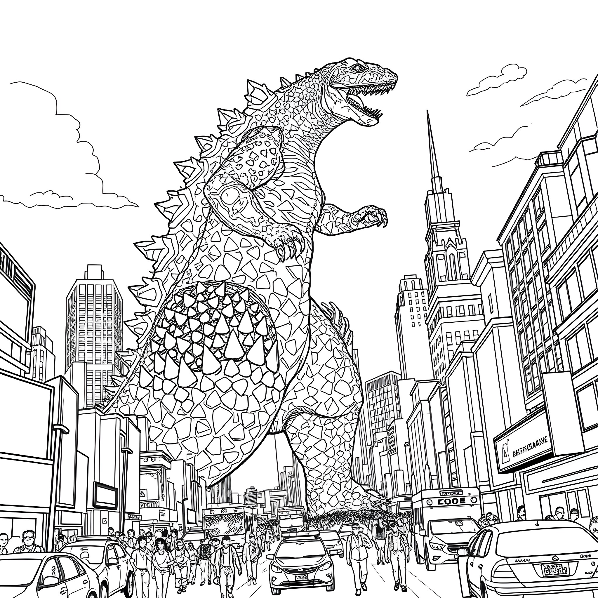 Godzilla Rampaging Through a Bustling City Coloring Page (free black-and-white line drawing printable PDF for all, from beginners to advanced learners, including children, teens, adults, and seniors)