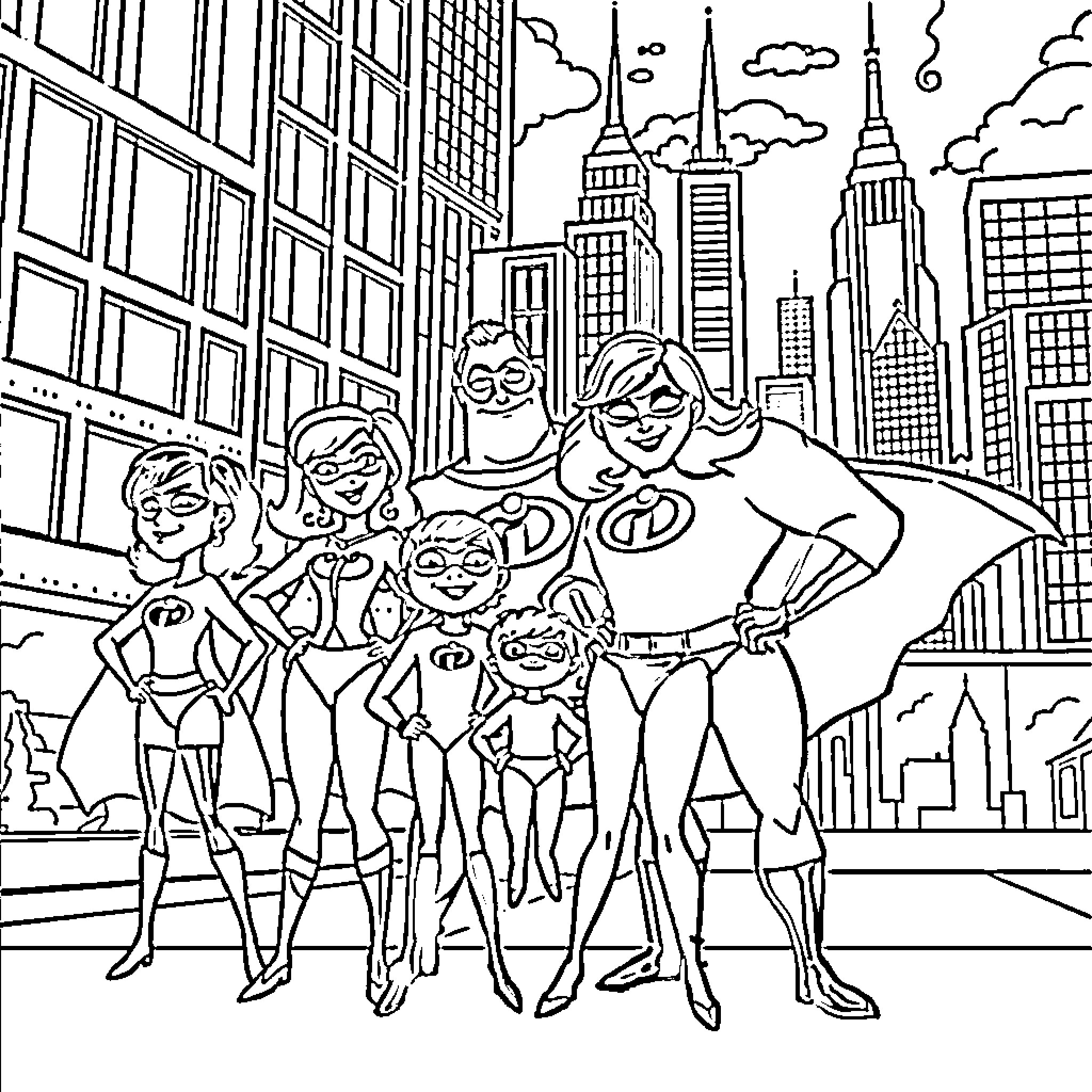 Incredibles heroes posing in front of city skyline Coloring Page (free black-and-white line drawing printable PDF for all, from beginners to advanced learners, including children, teens, adults, and seniors)