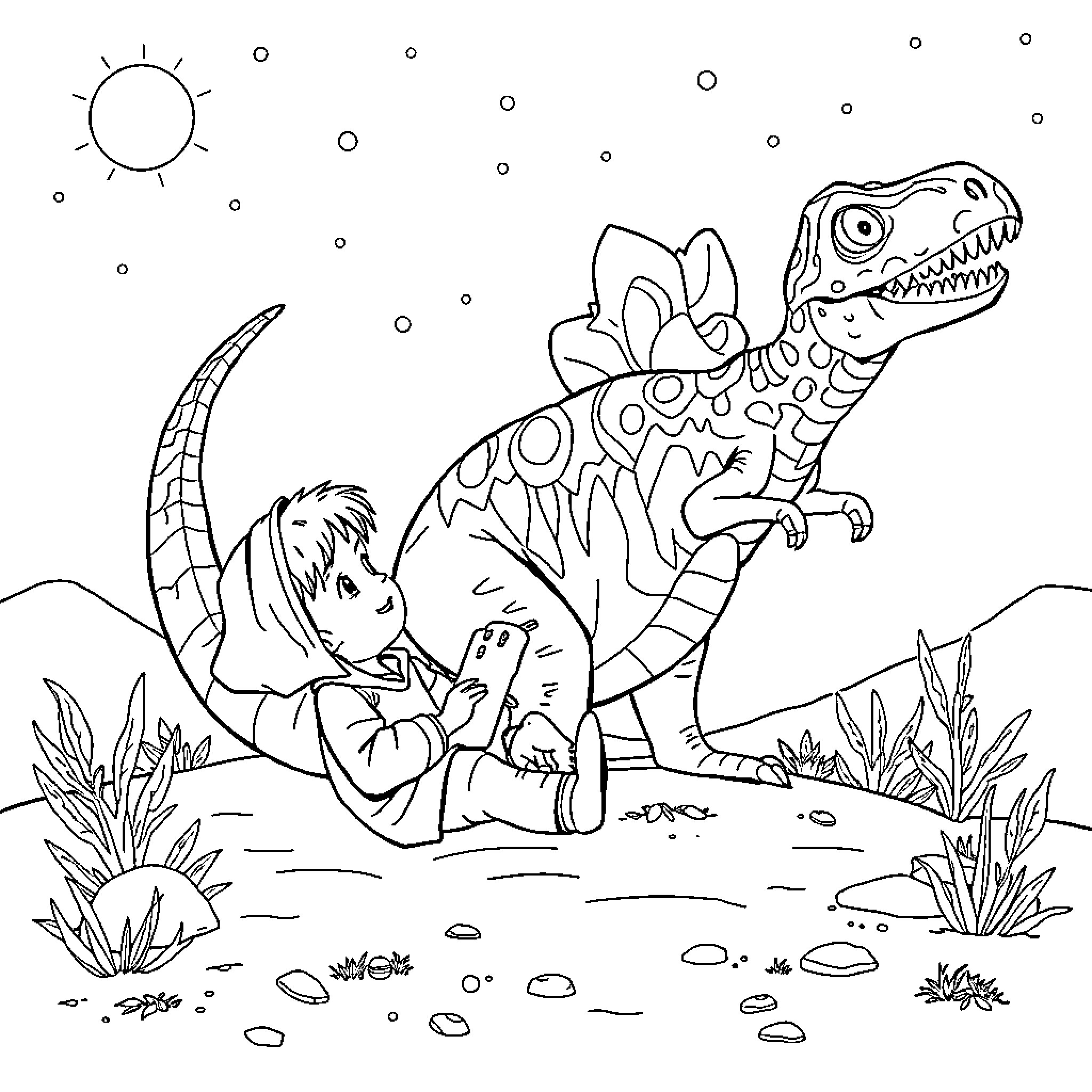Dinosaur playing with child in natural setting Coloring Page (free black-and-white line drawing printable PDF for all, from beginners to advanced learners, including children, teens, adults, and seniors)