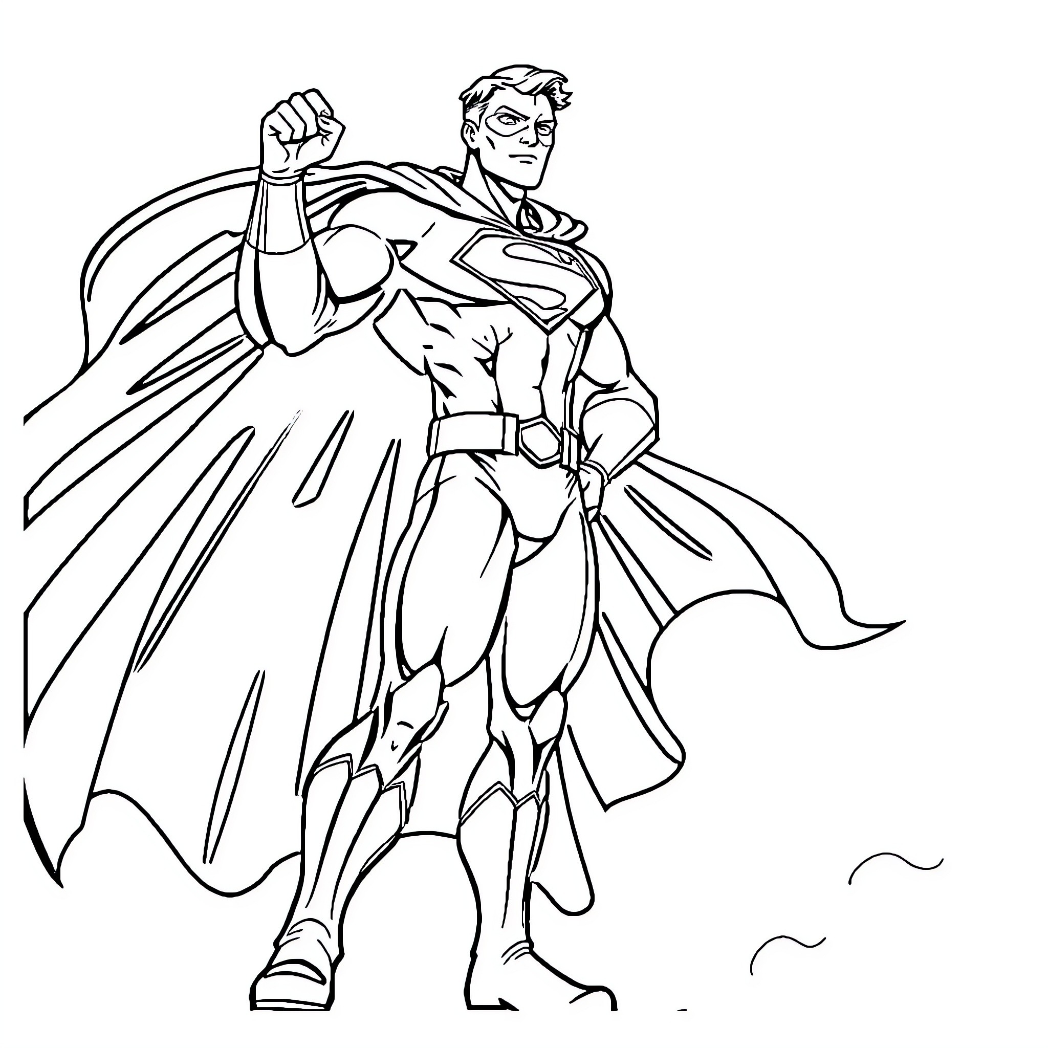 Superhero in action-ready pose Coloring Page (free black-and-white line drawing printable PDF for all, from beginners to advanced learners, including children, teens, adults, and seniors)