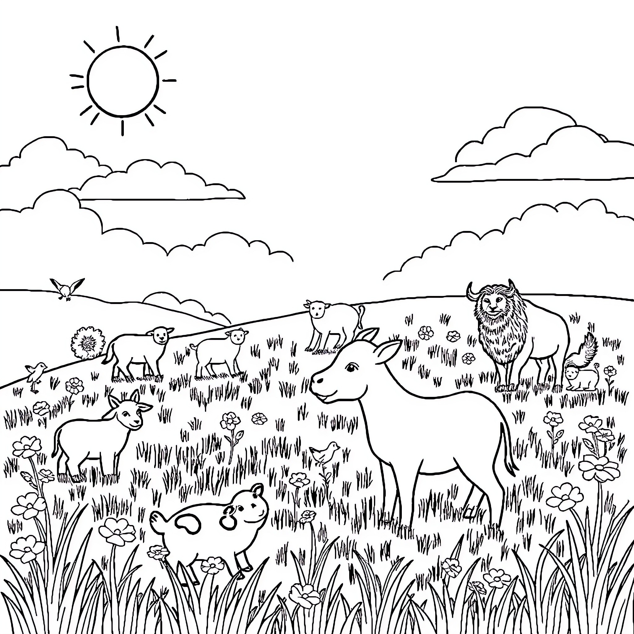 Animals grazing peacefully in a serene meadow Coloring Page (free black-and-white line drawing printable PDF for all, from beginners to advanced learners, including children, teens, adults, and seniors)
