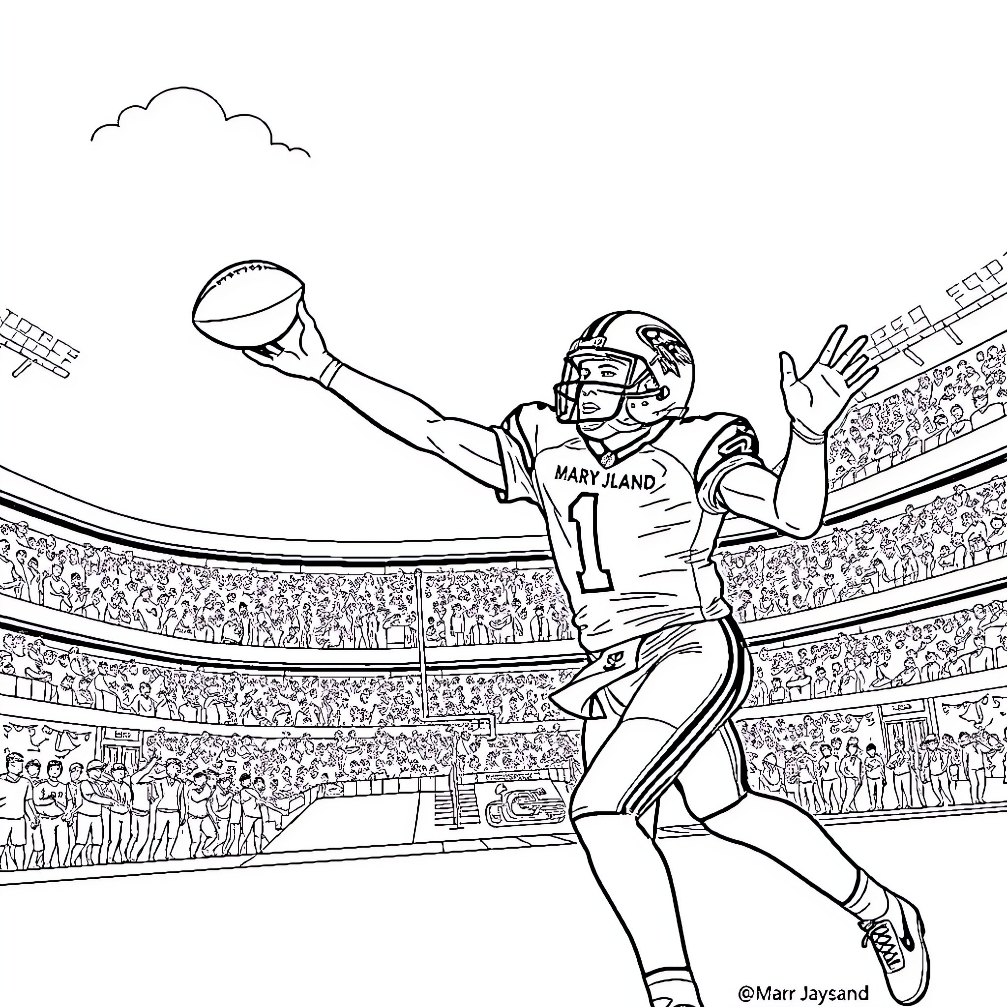 Lamar Jackson touchdown celebration in the stadium Coloring Page (free black-and-white line drawing printable PDF for all, from beginners to advanced learners, including children, teens, adults, and seniors)