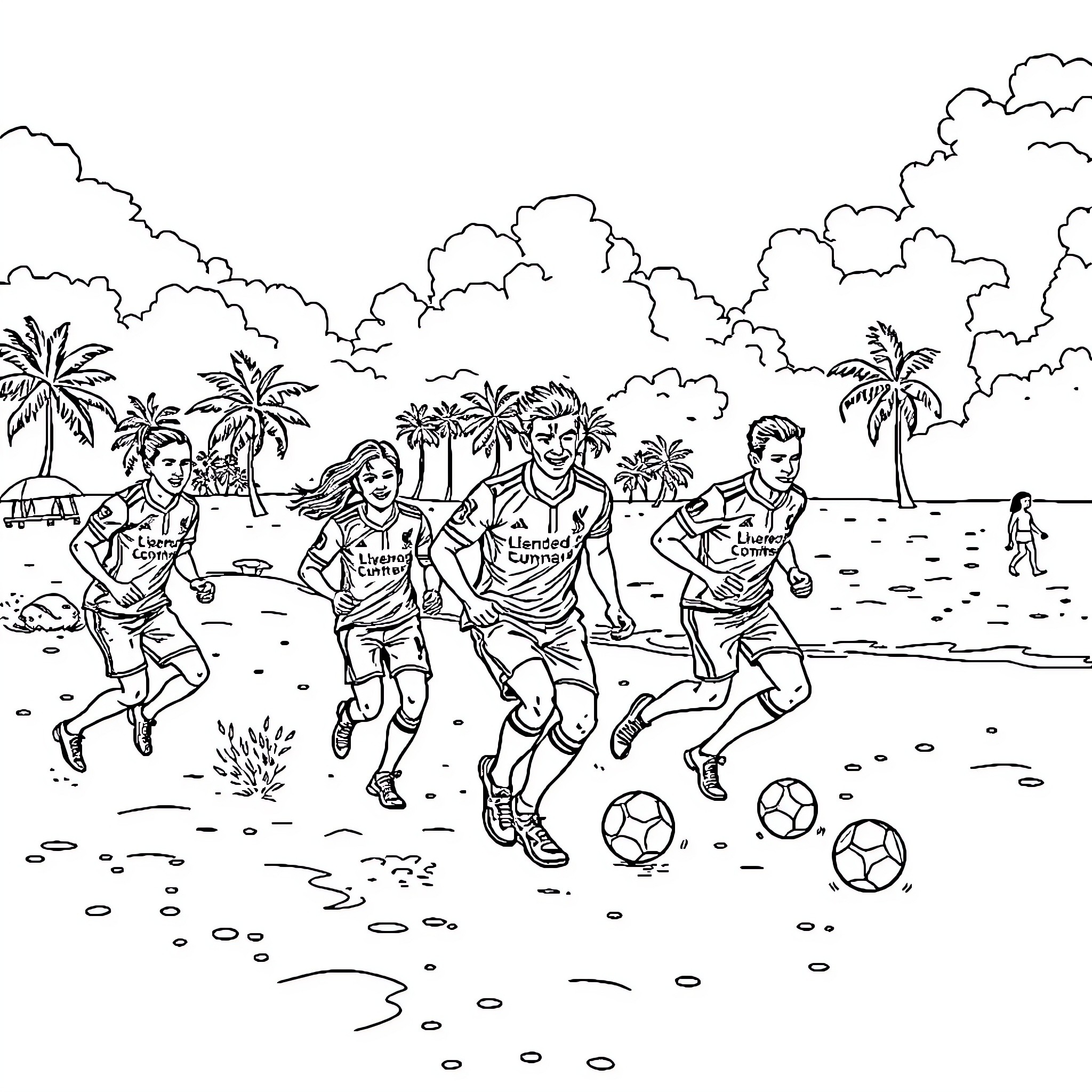 Liverpool players competing in a beach soccer match Coloring Page (free black-and-white line drawing printable PDF for all, from beginners to advanced learners, including children, teens, adults, and seniors)