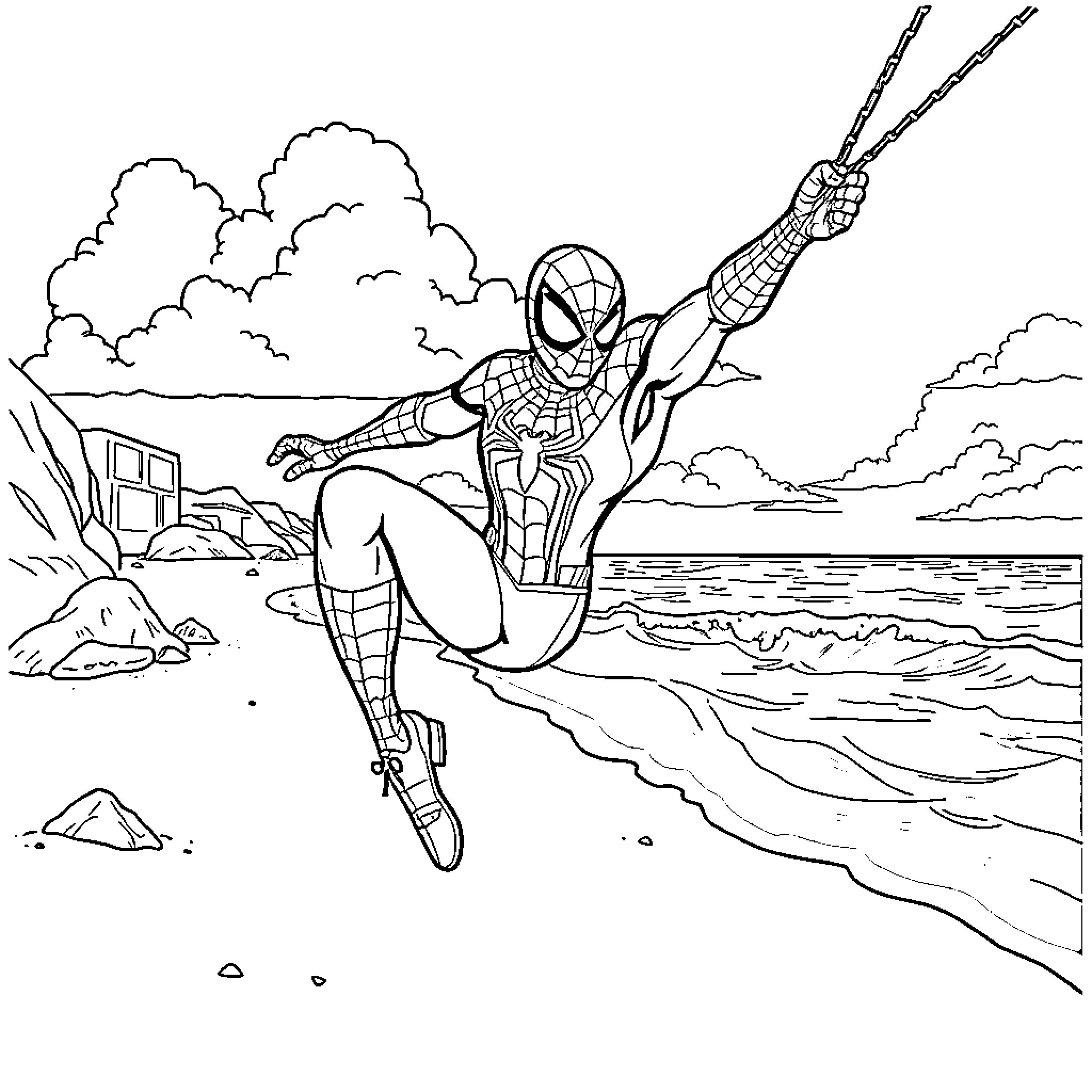 Spiderman swinging through the city skyline Coloring Page (free black-and-white line drawing printable PDF for all, from beginners to advanced learners, including children, teens, adults, and seniors)