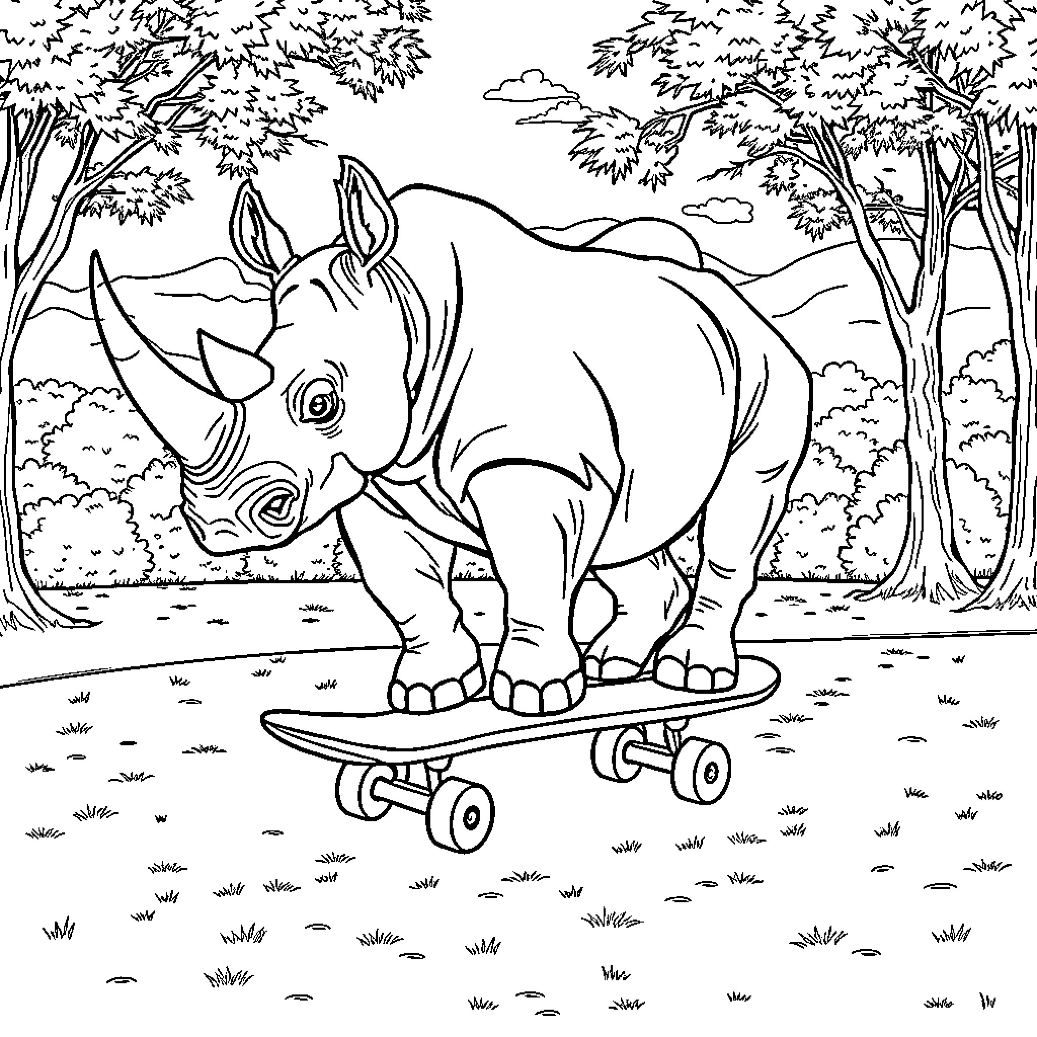 Rhino riding a skateboard in the forest Coloring Page (free black-and-white line drawing printable PDF for all, from beginners to advanced learners, including children, teens, adults, and seniors)