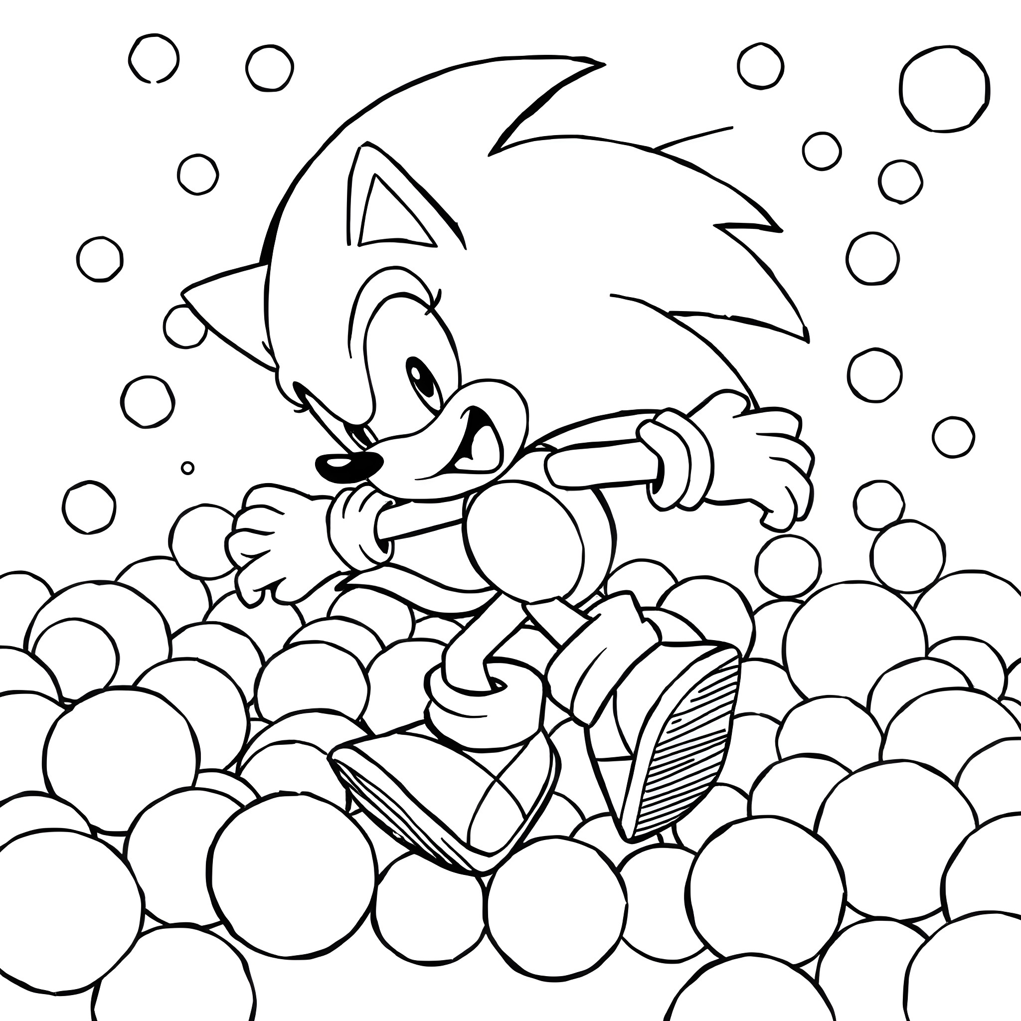 Sonic running through a field of bubbles Coloring Page (free black-and-white line drawing printable PDF for all, from beginners to advanced learners, including children, teens, adults, and seniors)