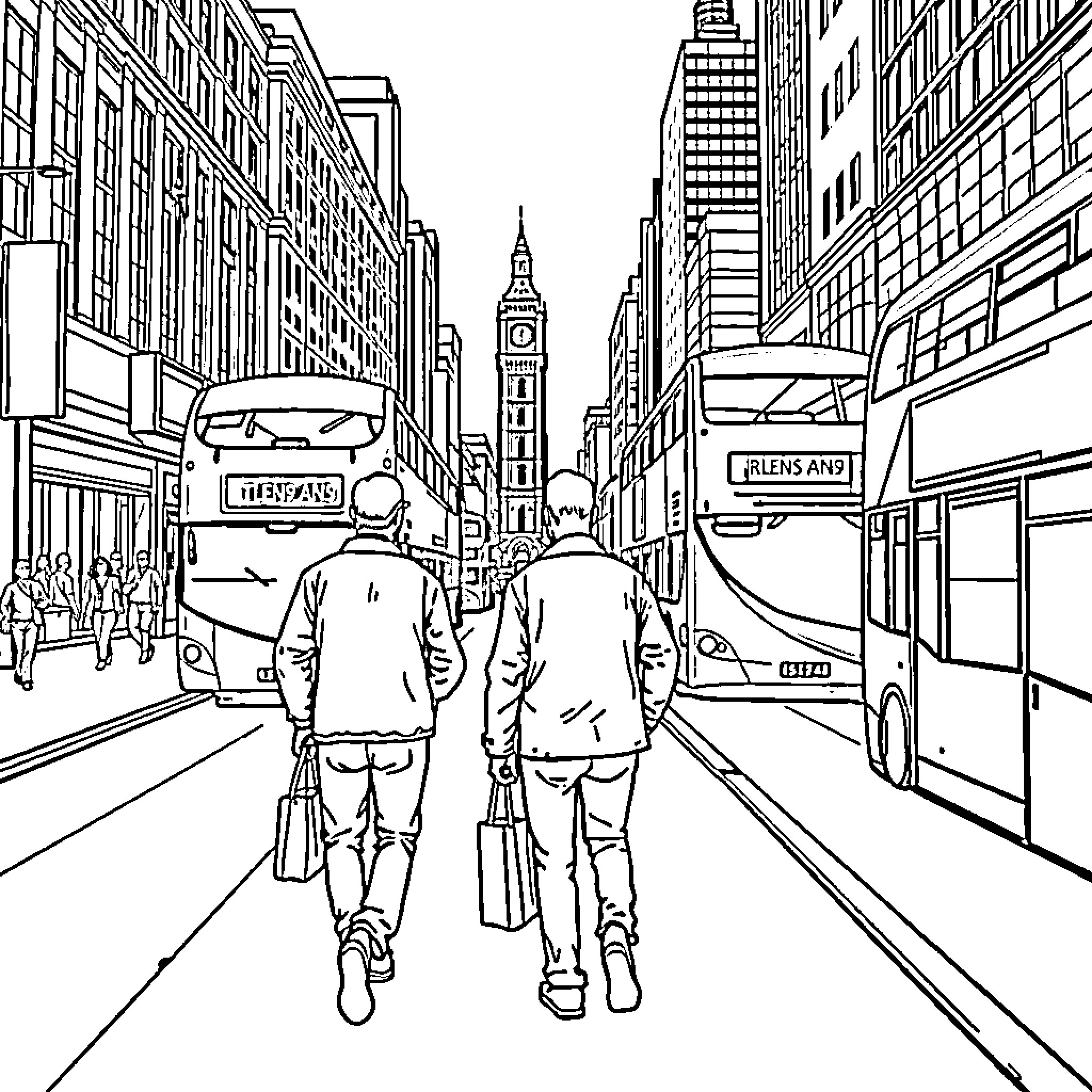 Man walking through a busy city street Coloring Page (free black-and-white line drawing printable PDF for all, from beginners to advanced learners, including children, teens, adults, and seniors)