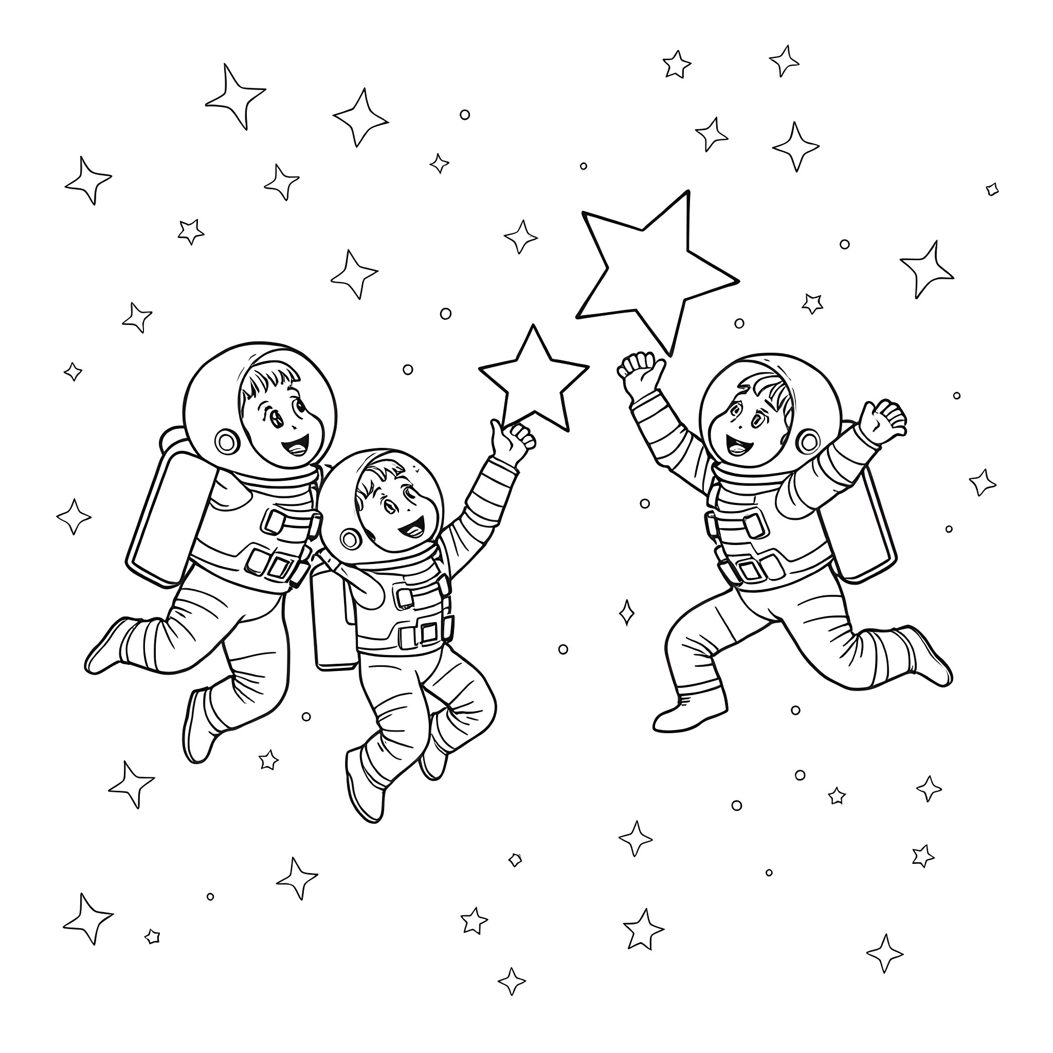 Kid astronauts exploring the starry sky Coloring Page (free black-and-white line drawing printable PDF for all, from beginners to advanced learners, including children, teens, adults, and seniors)