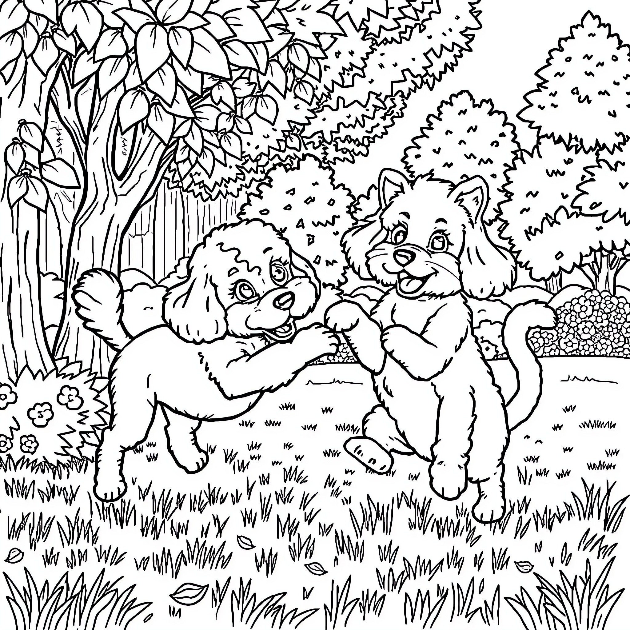 Poodle puppies playing joyfully in a lush garden Coloring Page (free black-and-white line drawing printable PDF for all, from beginners to advanced learners, including children, teens, adults, and seniors)