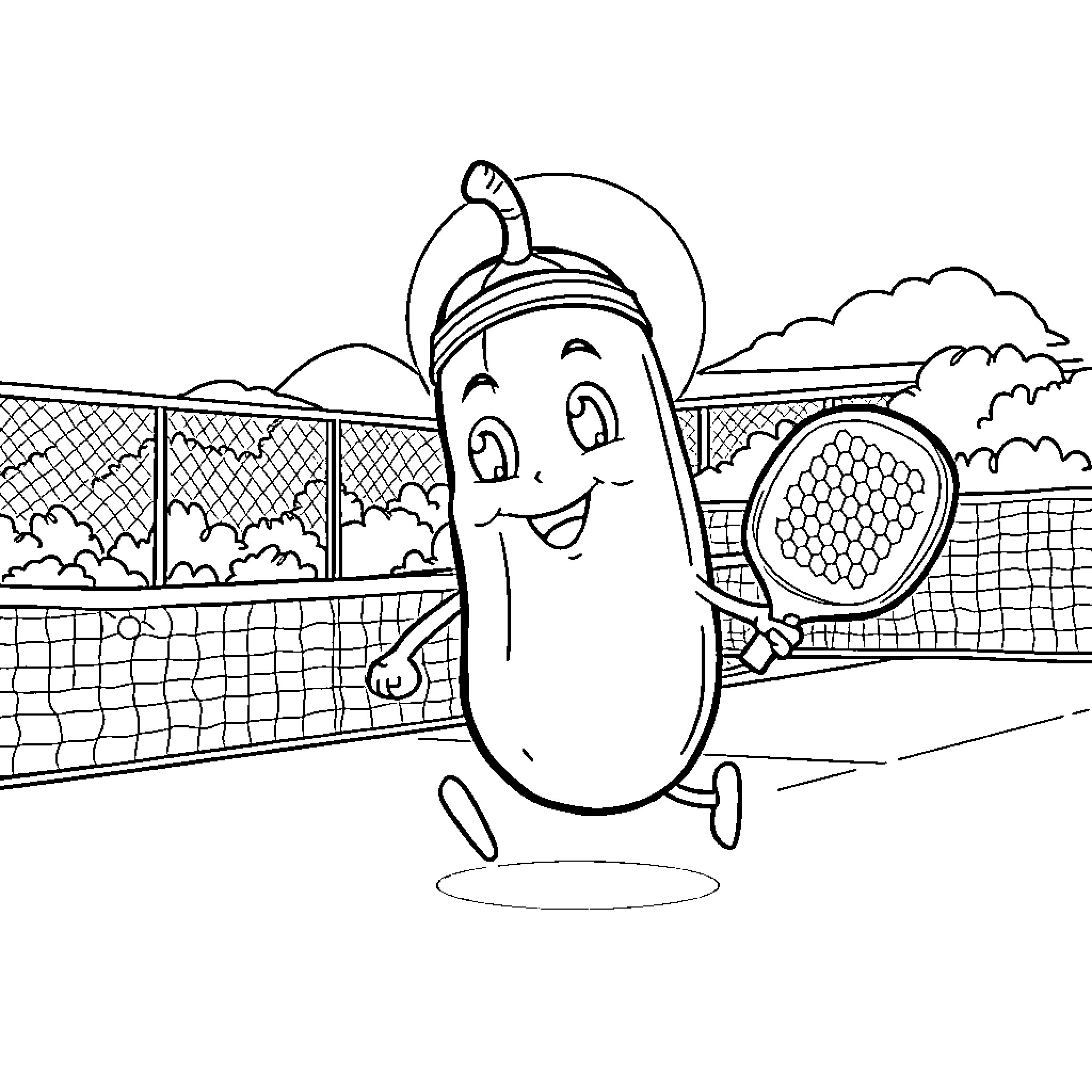 Pickle playing tennis joyfully on the court Coloring Page (free black-and-white line drawing printable PDF for all, from beginners to advanced learners, including children, teens, adults, and seniors)