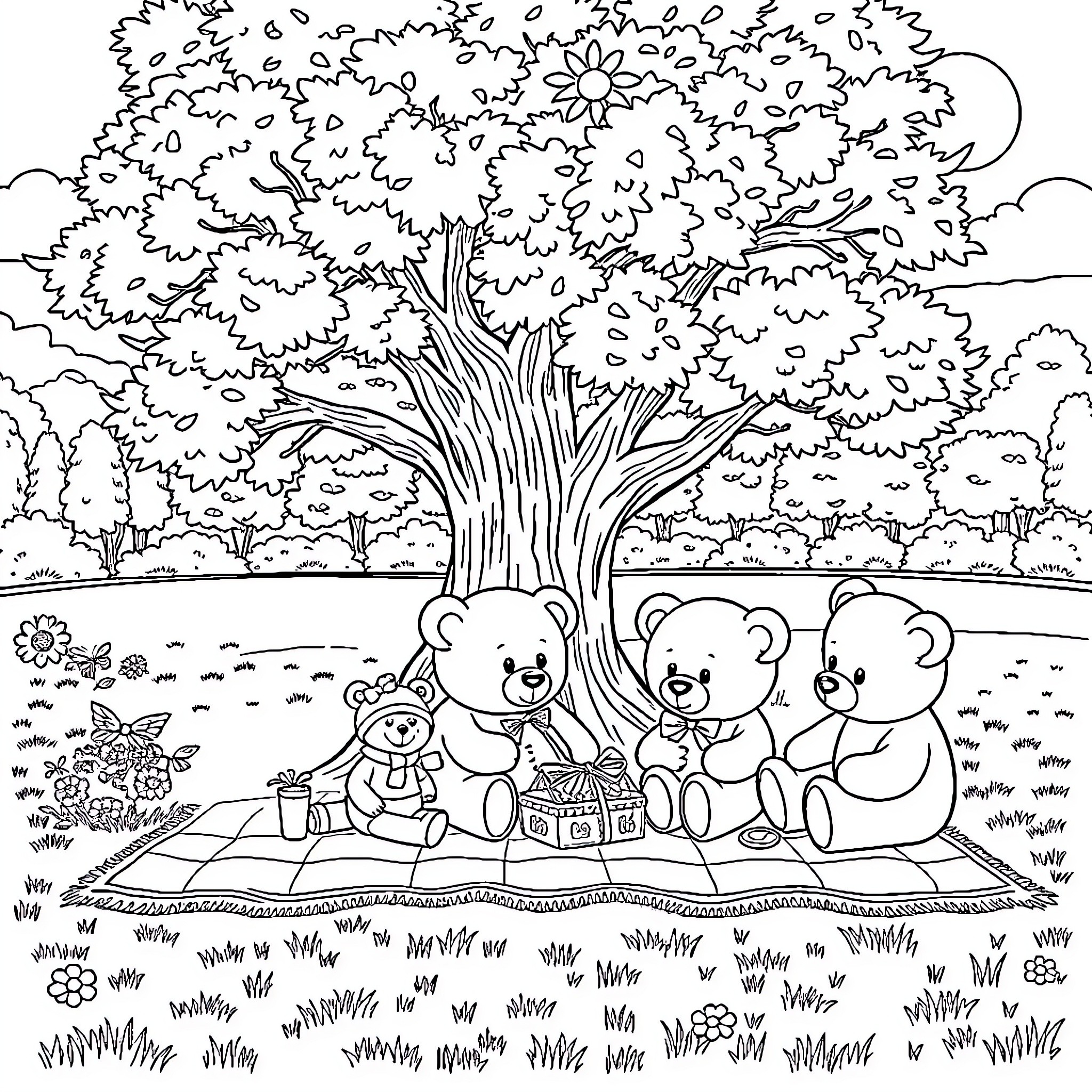 Teddy Bears Enjoying a Picnic in the Park Coloring Page (free black-and-white line drawing printable PDF for all, from beginners to advanced learners, including children, teens, adults, and seniors)