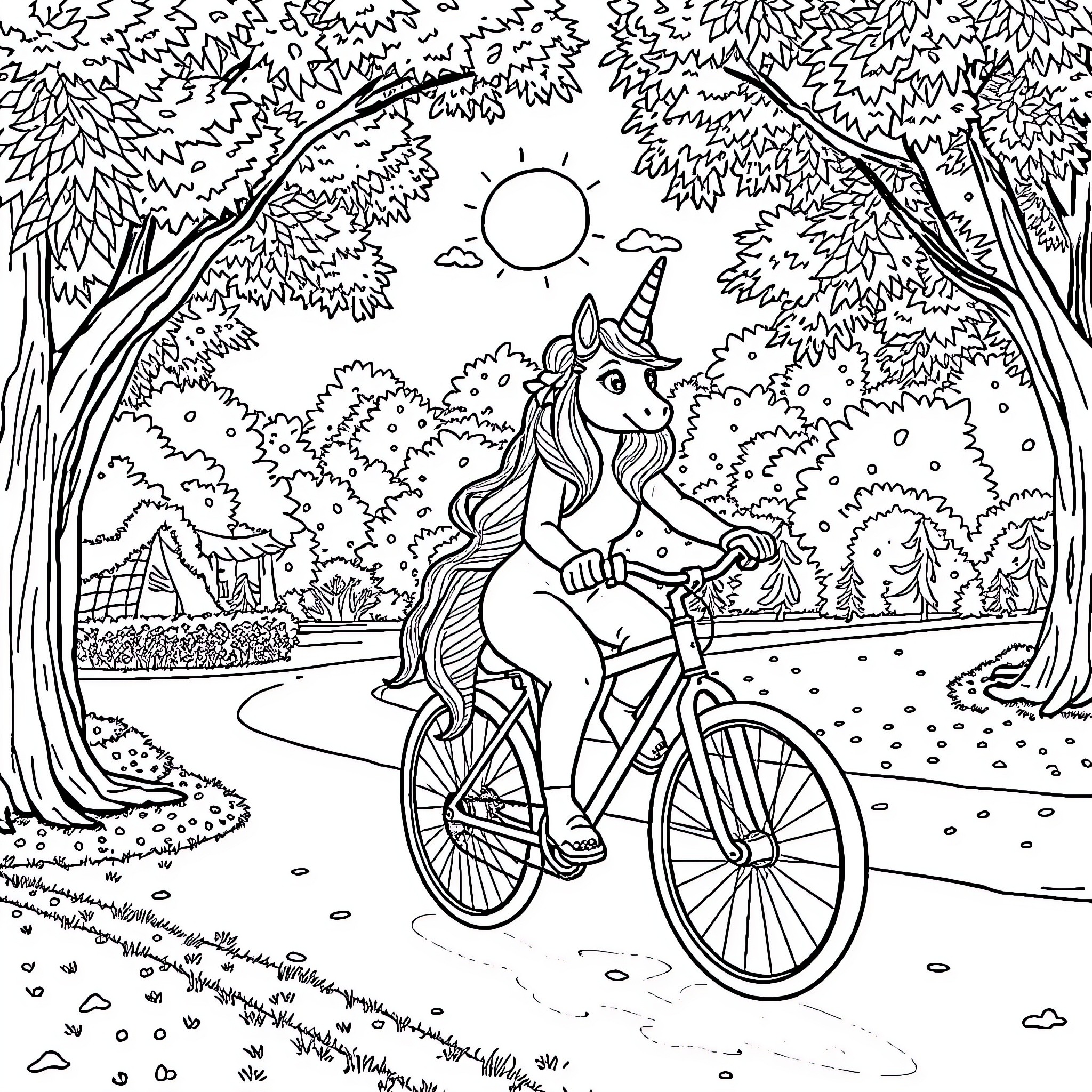 Unicorn riding a bicycle in a forest landscape Coloring Page (free black-and-white line drawing printable PDF for all, from beginners to advanced learners, including children, teens, adults, and seniors)