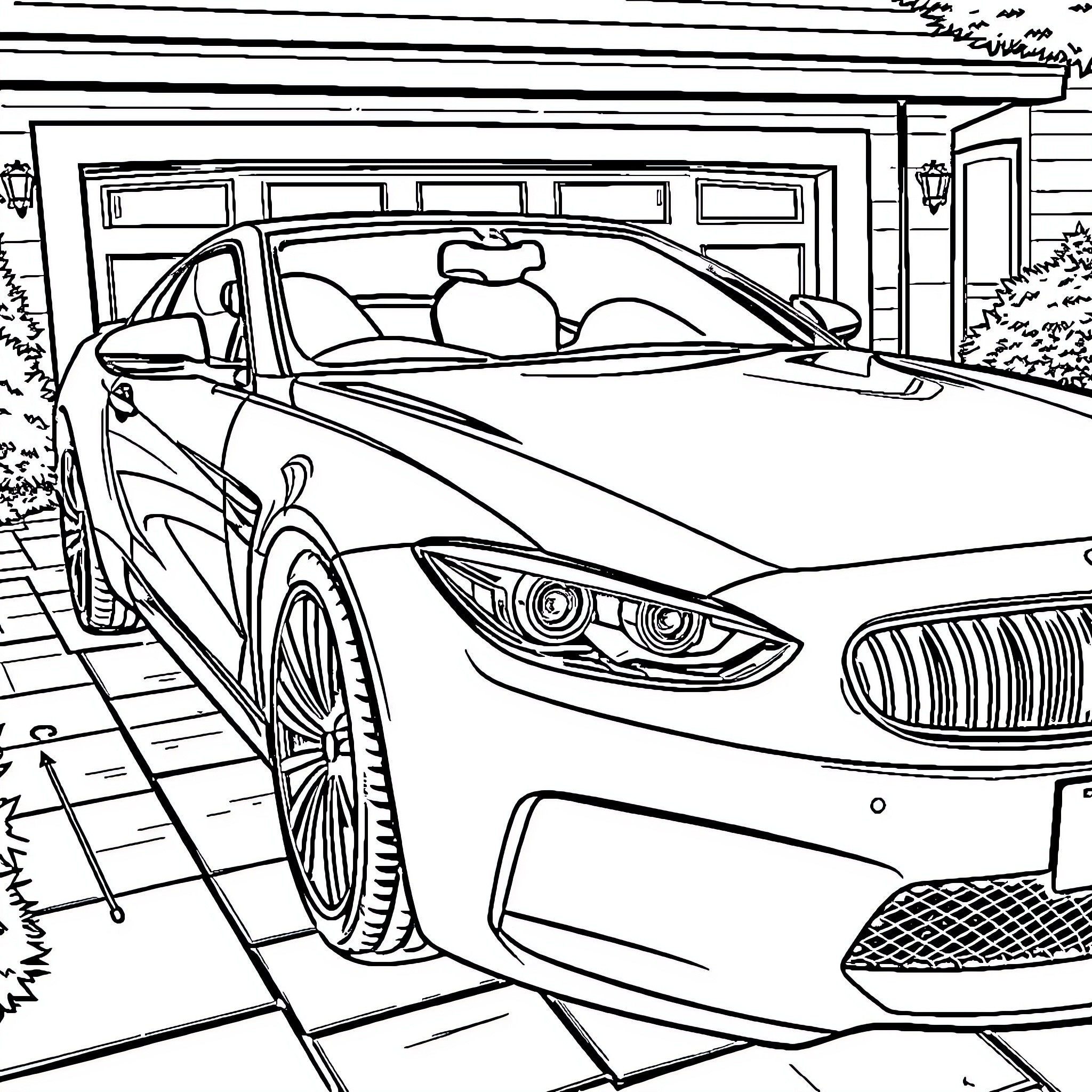 Car parked in front of garage Coloring Page (free black-and-white line drawing printable PDF for all, from beginners to advanced learners, including children, teens, adults, and seniors)