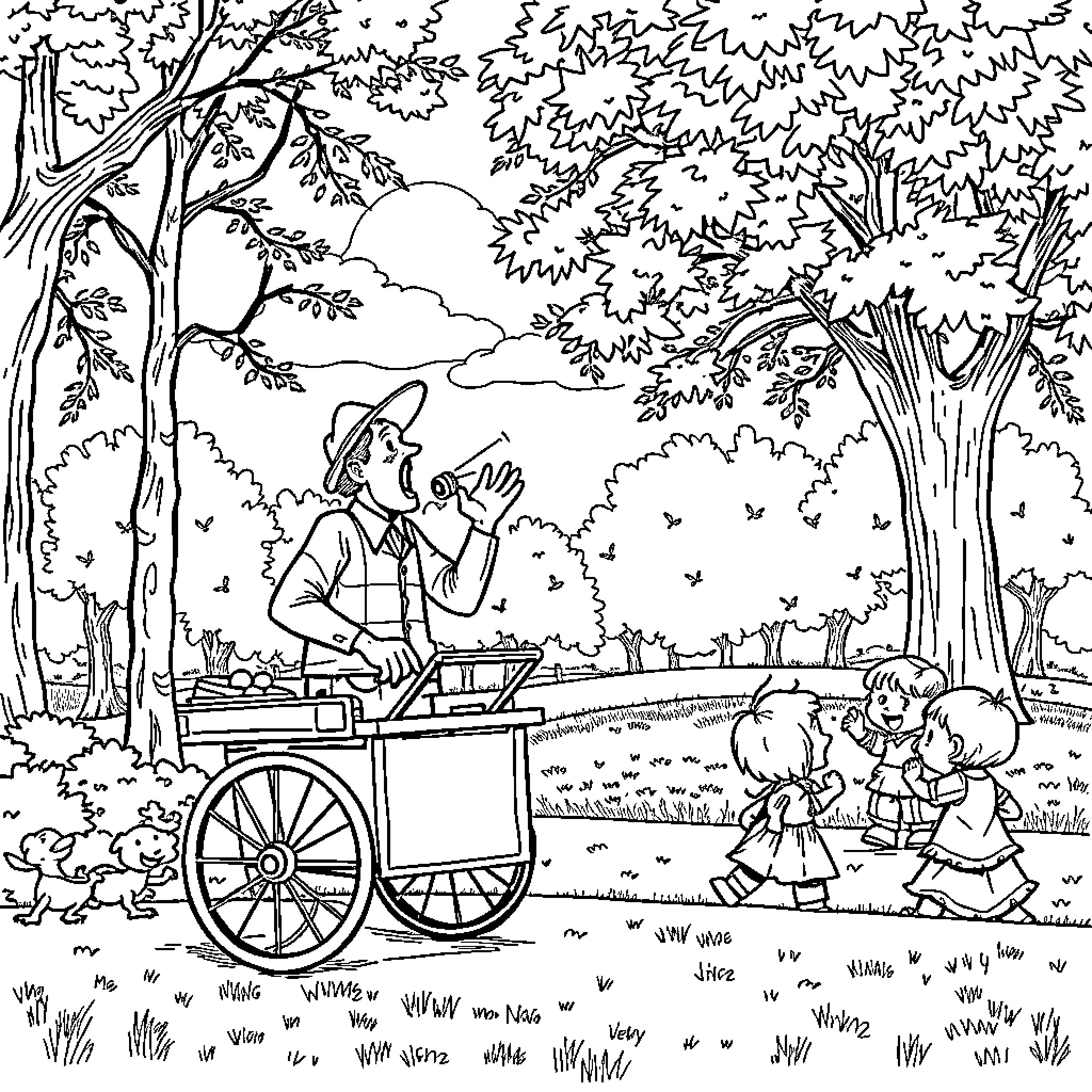 Cart Man Selling Treats to Children in Forest Coloring Page (free black-and-white line drawing printable PDF for all, from beginners to advanced learners, including children, teens, adults, and seniors)
