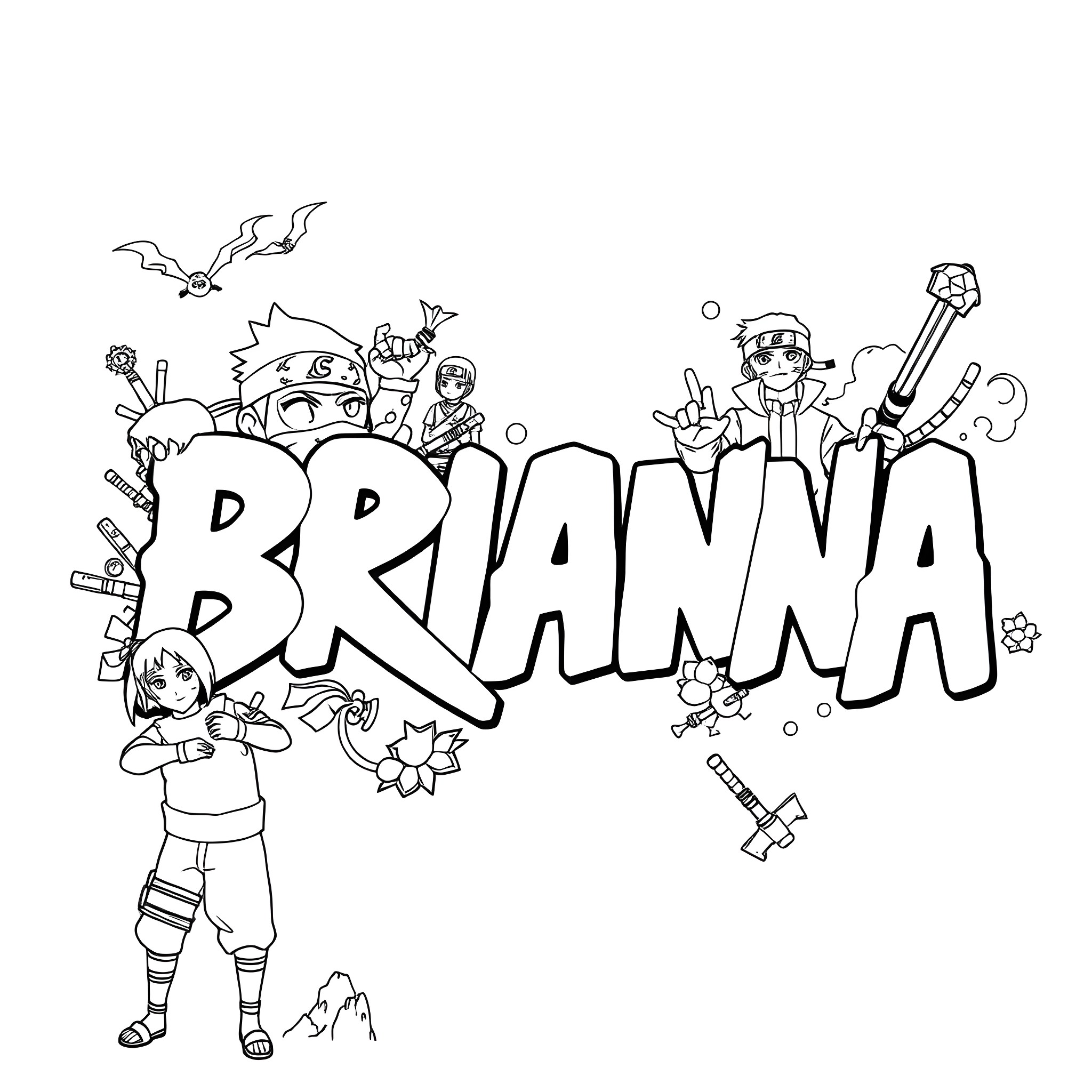 Brianna's Imaginative Adventure with Anime Characters Coloring Page (free black-and-white line drawing printable PDF for all, from beginners to advanced learners, including children, teens, adults, and seniors)