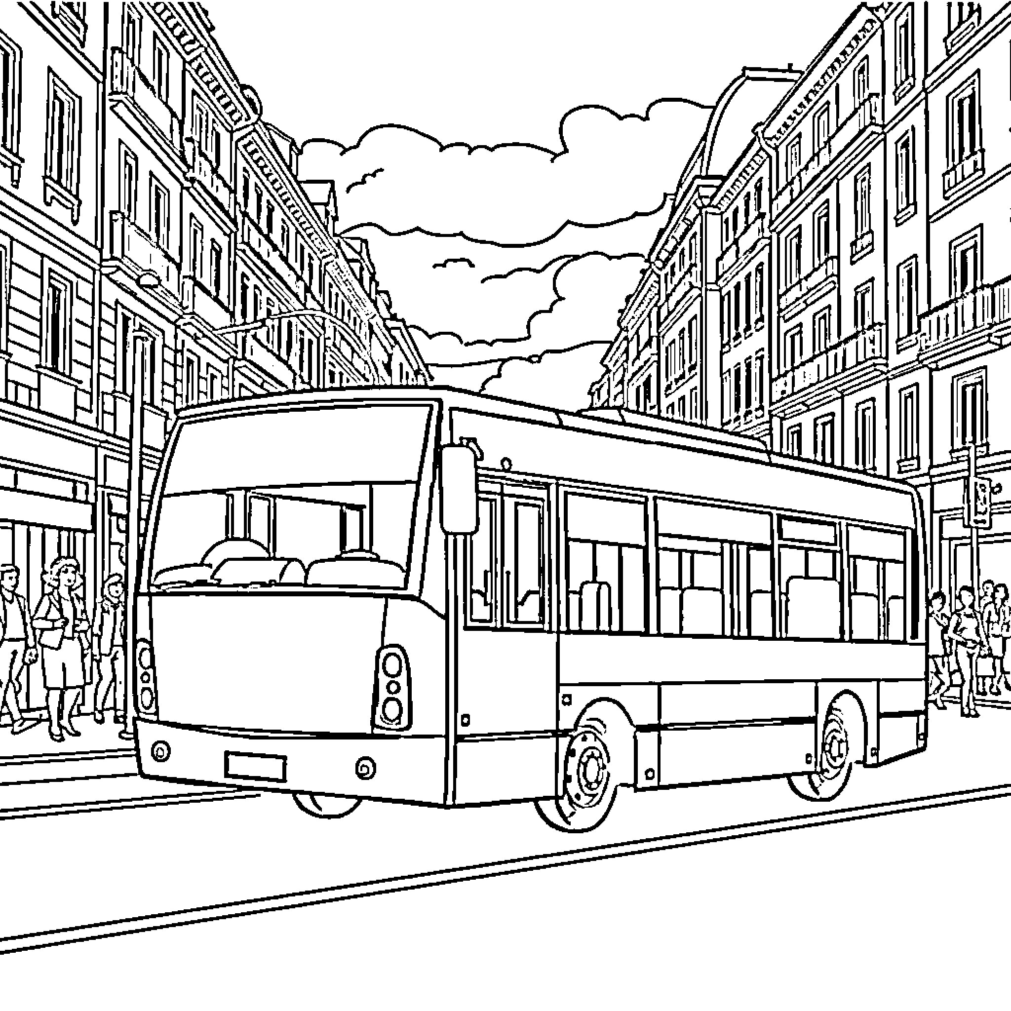Bus transporting passengers through a city street Coloring Page (free black-and-white line drawing printable PDF for all, from beginners to advanced learners, including children, teens, adults, and seniors)