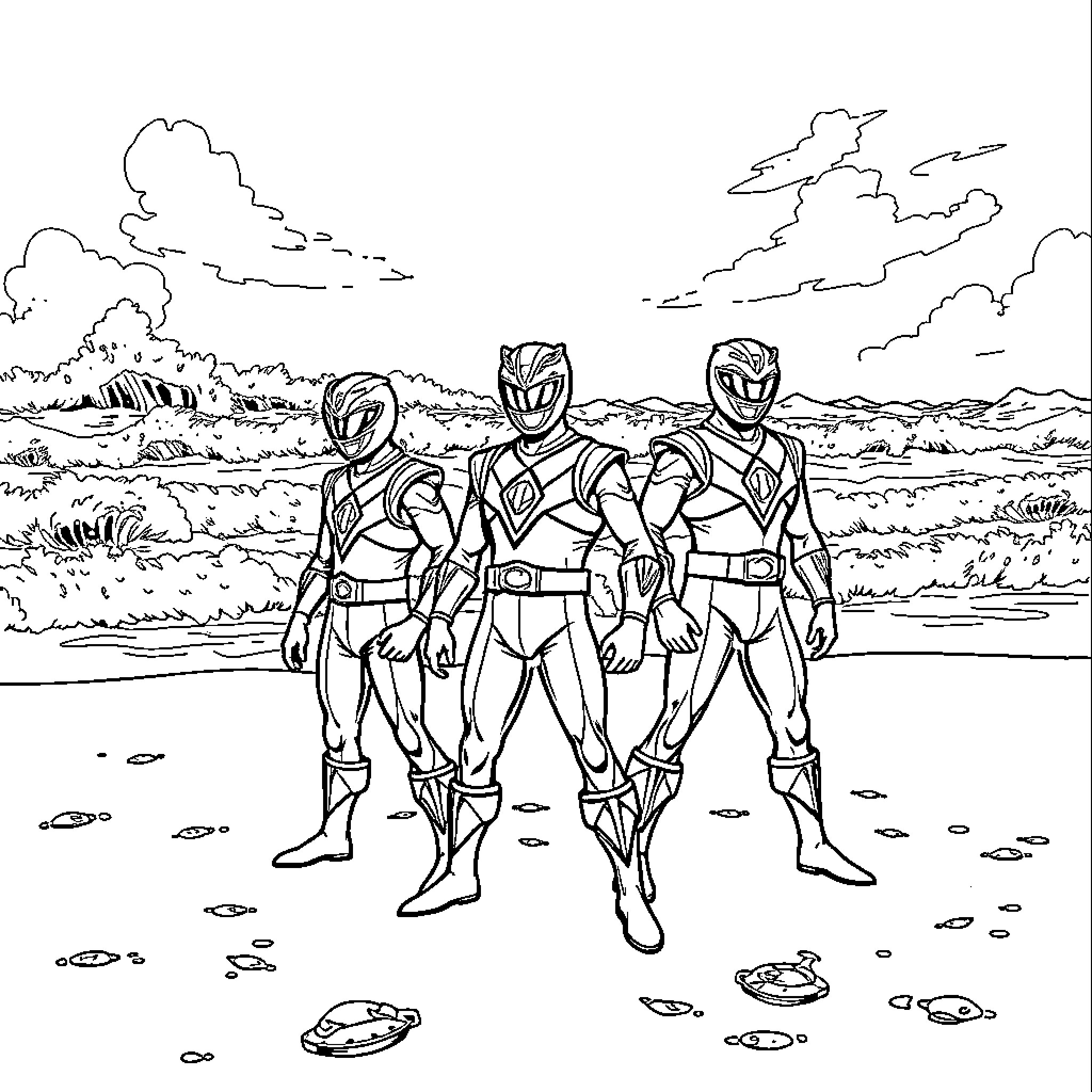 Power Rangers team posing on beach Coloring Page (free black-and-white line drawing printable PDF for all, from beginners to advanced learners, including children, teens, adults, and seniors)