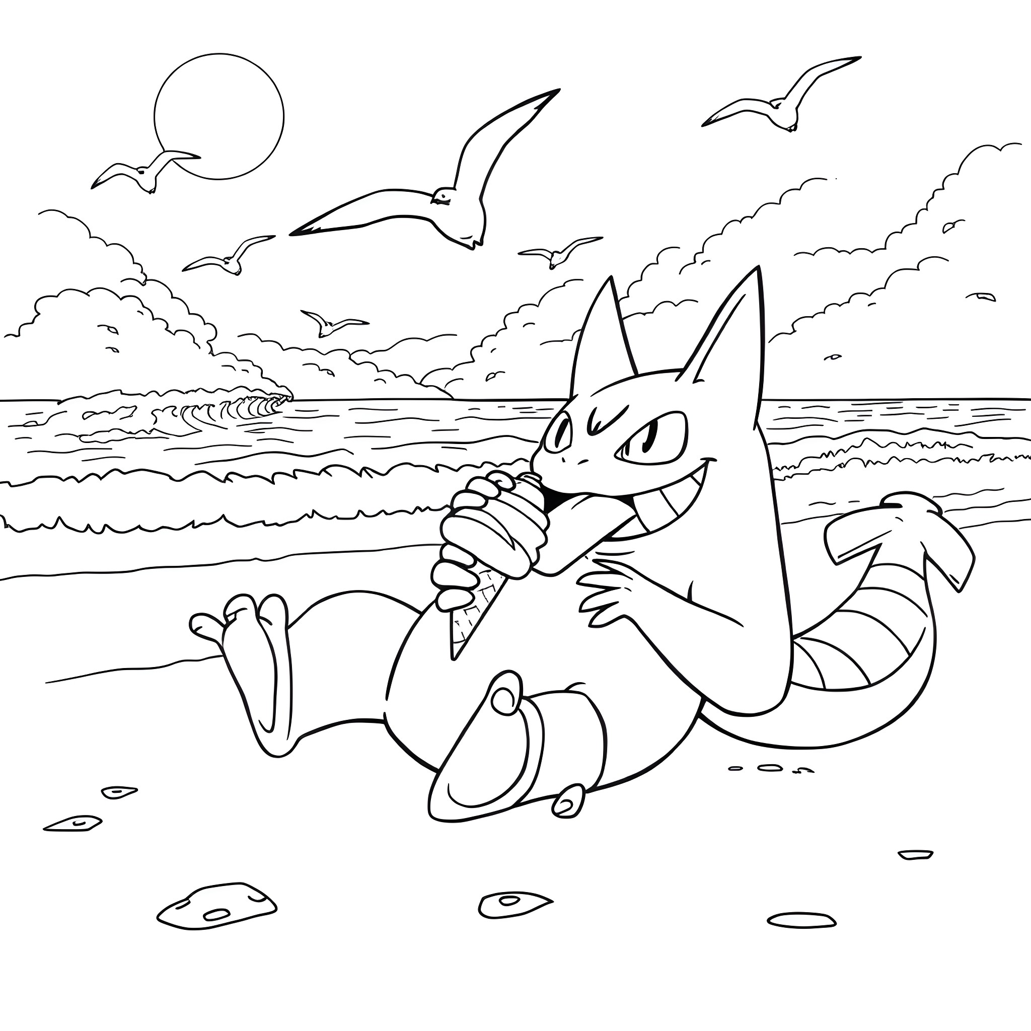 Gengar enjoying a beach day with gulls Coloring Page (free black-and-white line drawing printable PDF for all, from beginners to advanced learners, including children, teens, adults, and seniors)