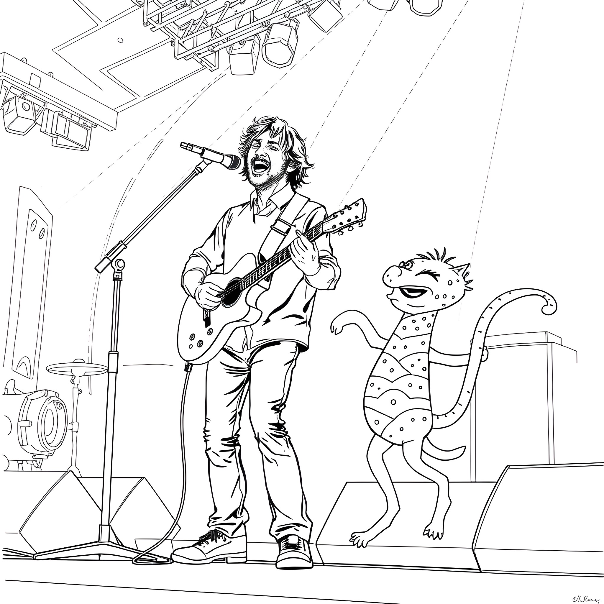 Dave Matthews performs on stage with a colorful creature Coloring Page (free black-and-white line drawing printable PDF for all, from beginners to advanced learners, including children, teens, adults, and seniors)
