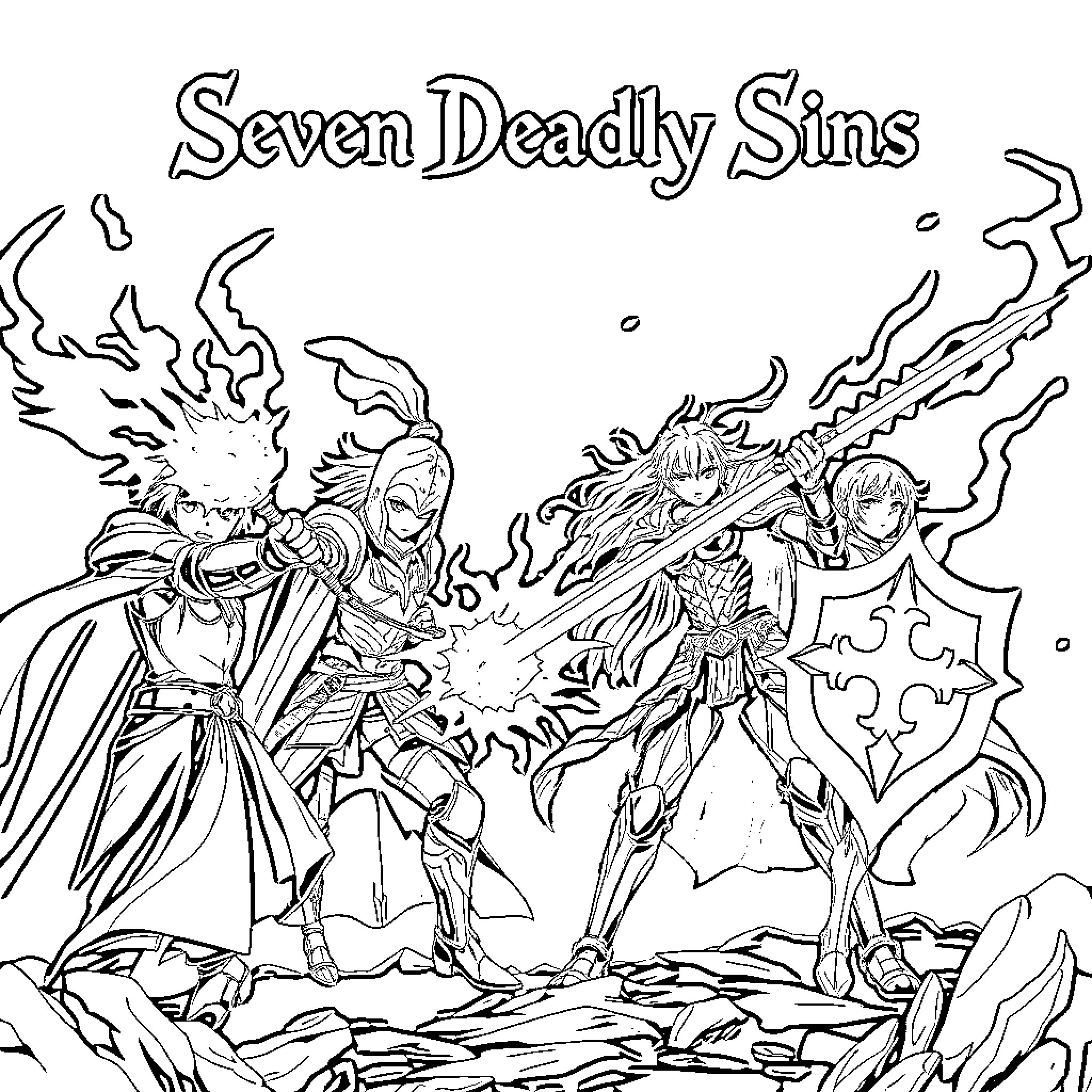 Sin of the Seven Deadly Personas in Combat Coloring Page (free black-and-white line drawing printable PDF for all, from beginners to advanced learners, including children, teens, adults, and seniors)