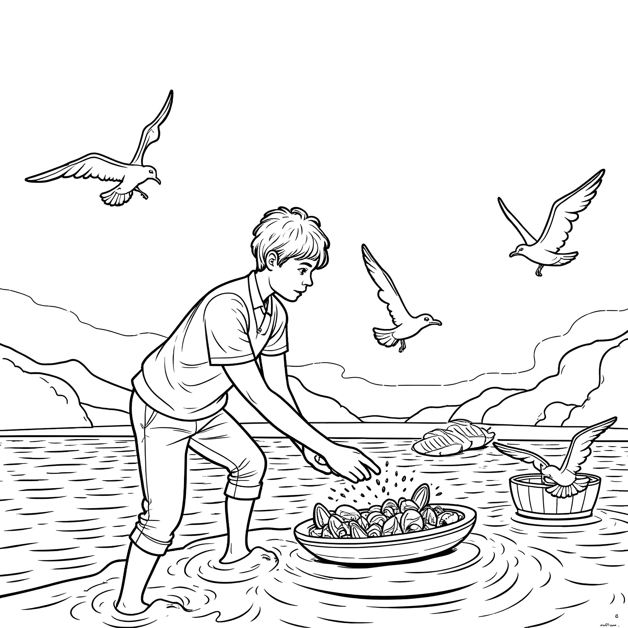 Young Man Collecting Seashells on the Beach Coloring Page (free black-and-white line drawing printable PDF for all, from beginners to advanced learners, including children, teens, adults, and seniors)