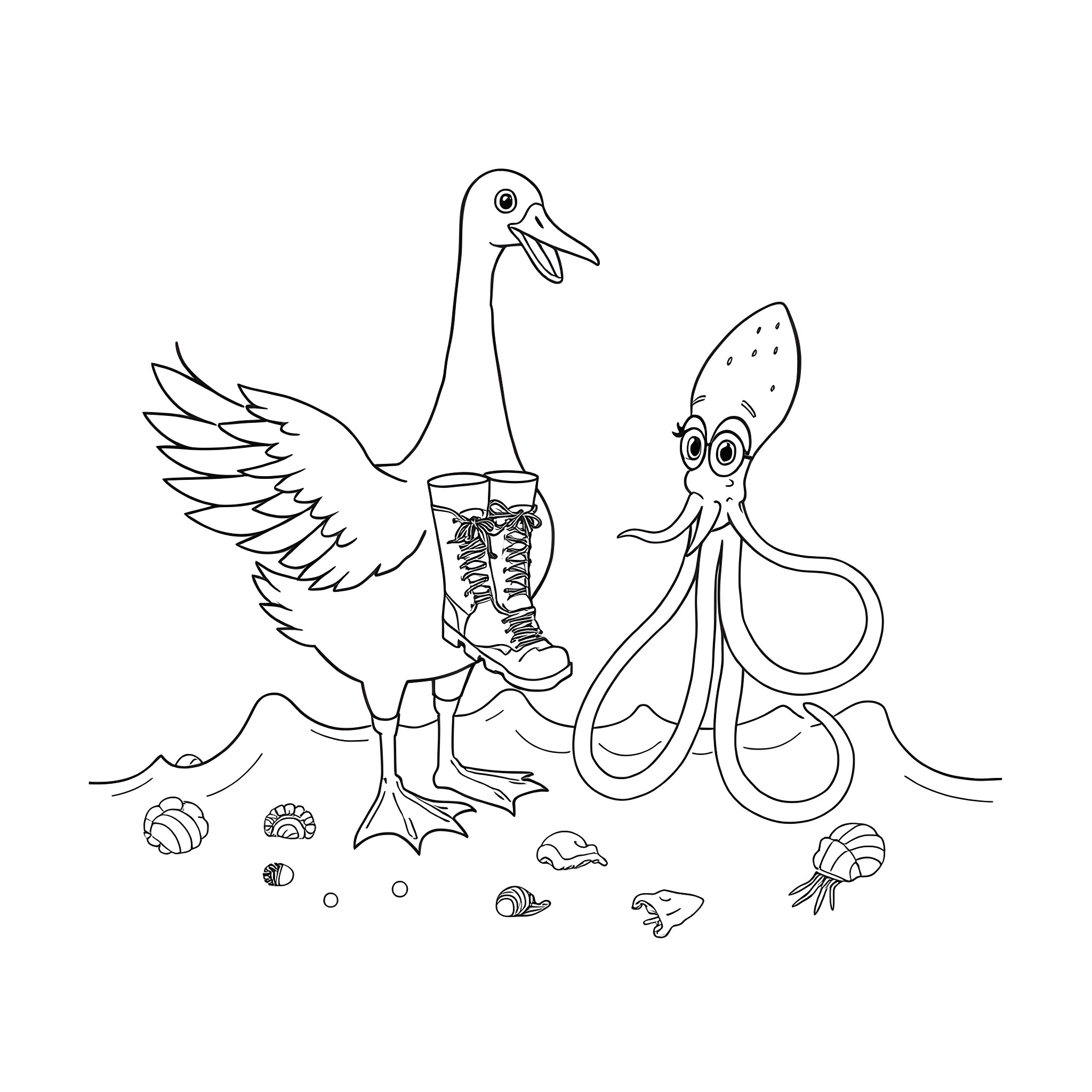 Goose and Octopus Exploring the Seashore Coloring Page (free black-and-white line drawing printable PDF for all, from beginners to advanced learners, including children, teens, adults, and seniors)