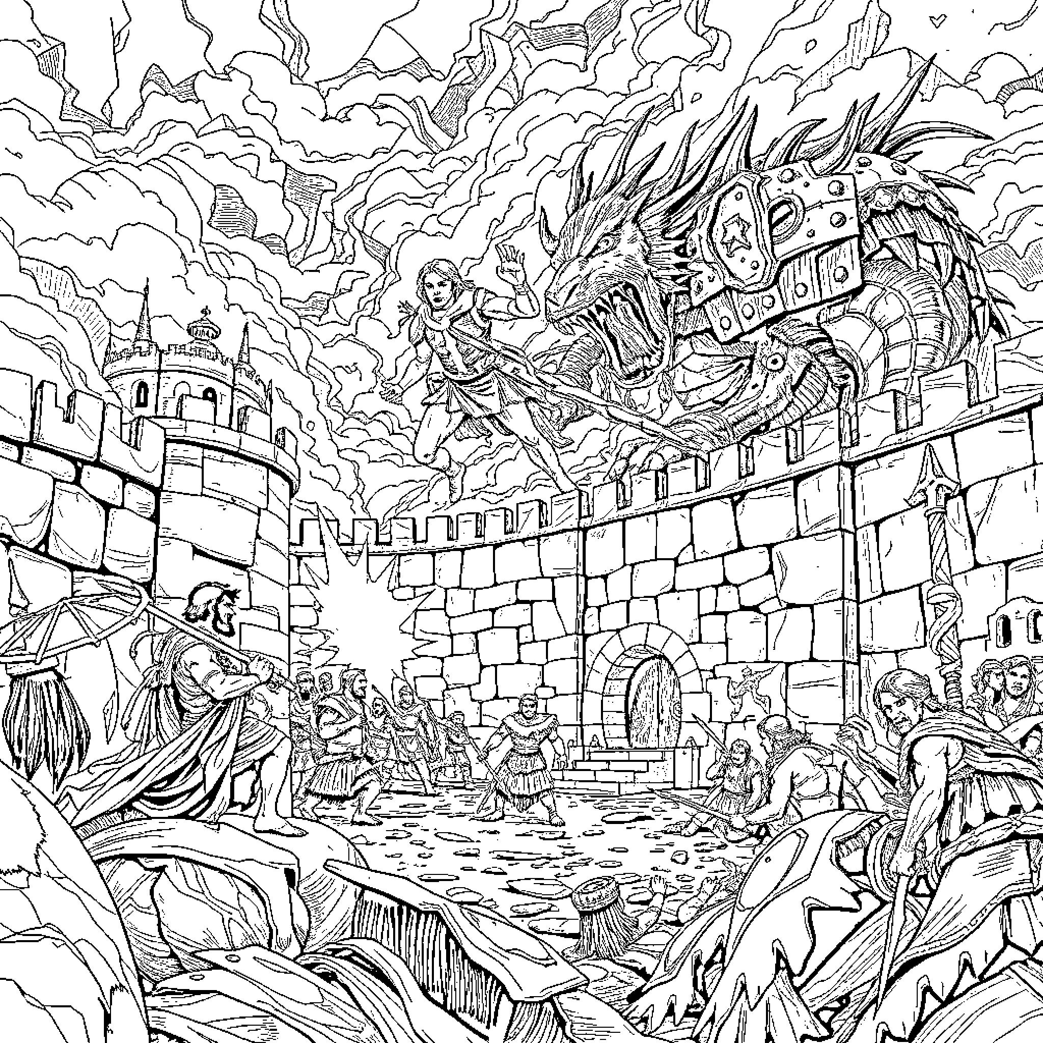 Attack on Titan: Colossal Titan Rampages Through City Coloring Page (free black-and-white line drawing printable PDF for all, from beginners to advanced learners, including children, teens, adults, and seniors)