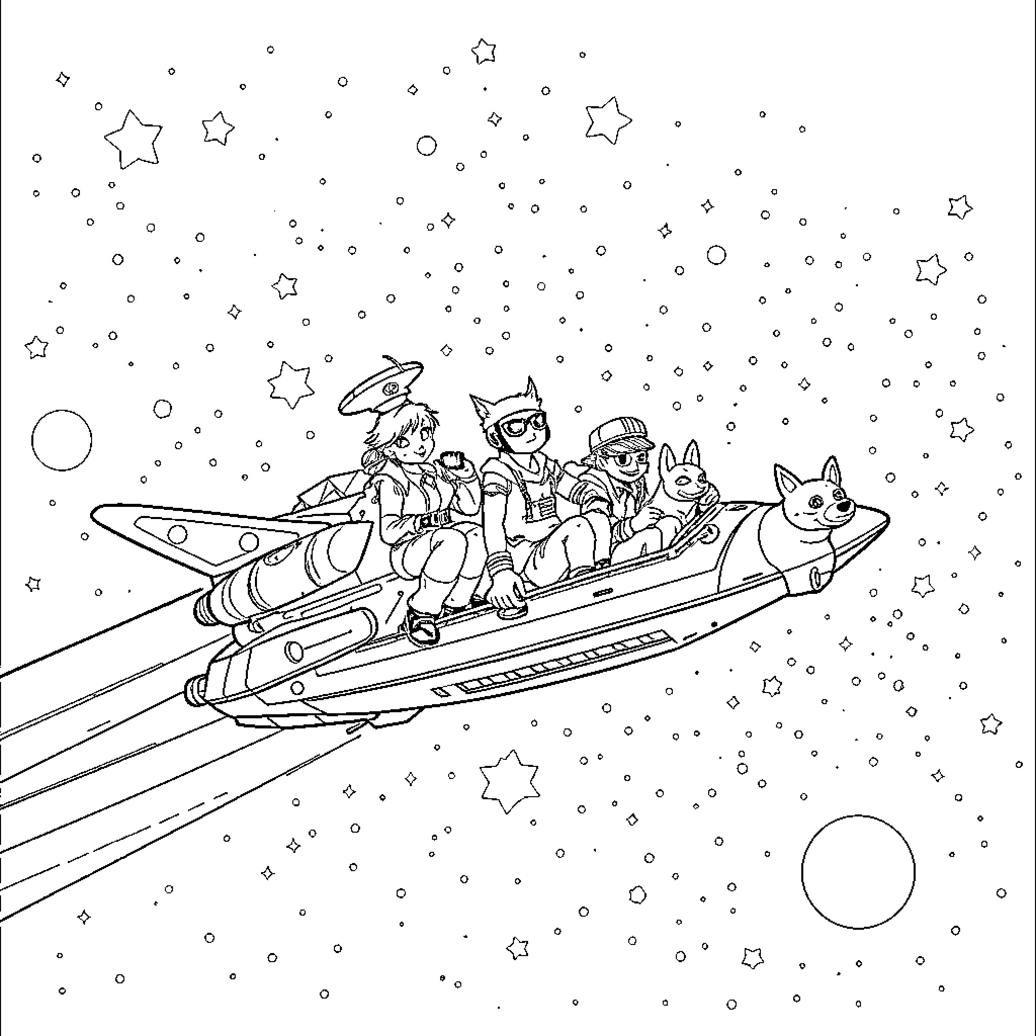 Cowboy Bebop characters riding through the cosmos Coloring Page (free black-and-white line drawing printable PDF for all, from beginners to advanced learners, including children, teens, adults, and seniors)