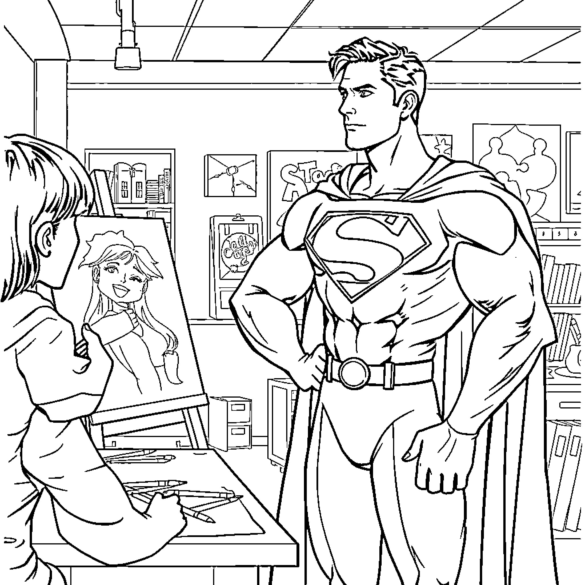 Superman Visiting Artist's Studio Coloring Page (free black-and-white line drawing printable PDF for all, from beginners to advanced learners, including children, teens, adults, and seniors)