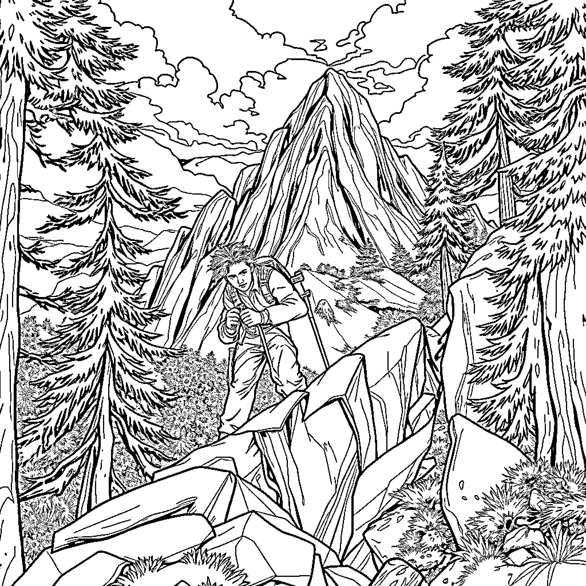 Conquistador Exploring the Rugged Mountain Landscape Coloring Page (free black-and-white line drawing printable PDF for all, from beginners to advanced learners, including children, teens, adults, and seniors)