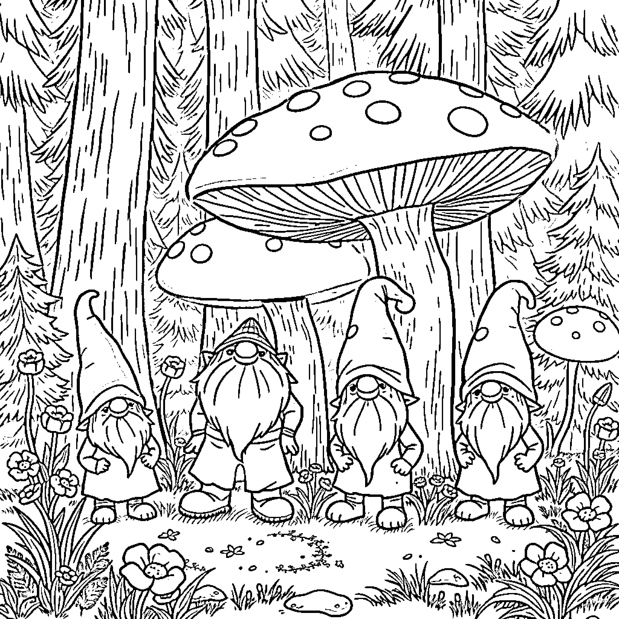 Gnome Gathering in the Enchanted Forest Coloring Page (free black-and-white line drawing printable PDF for all, from beginners to advanced learners, including children, teens, adults, and seniors)