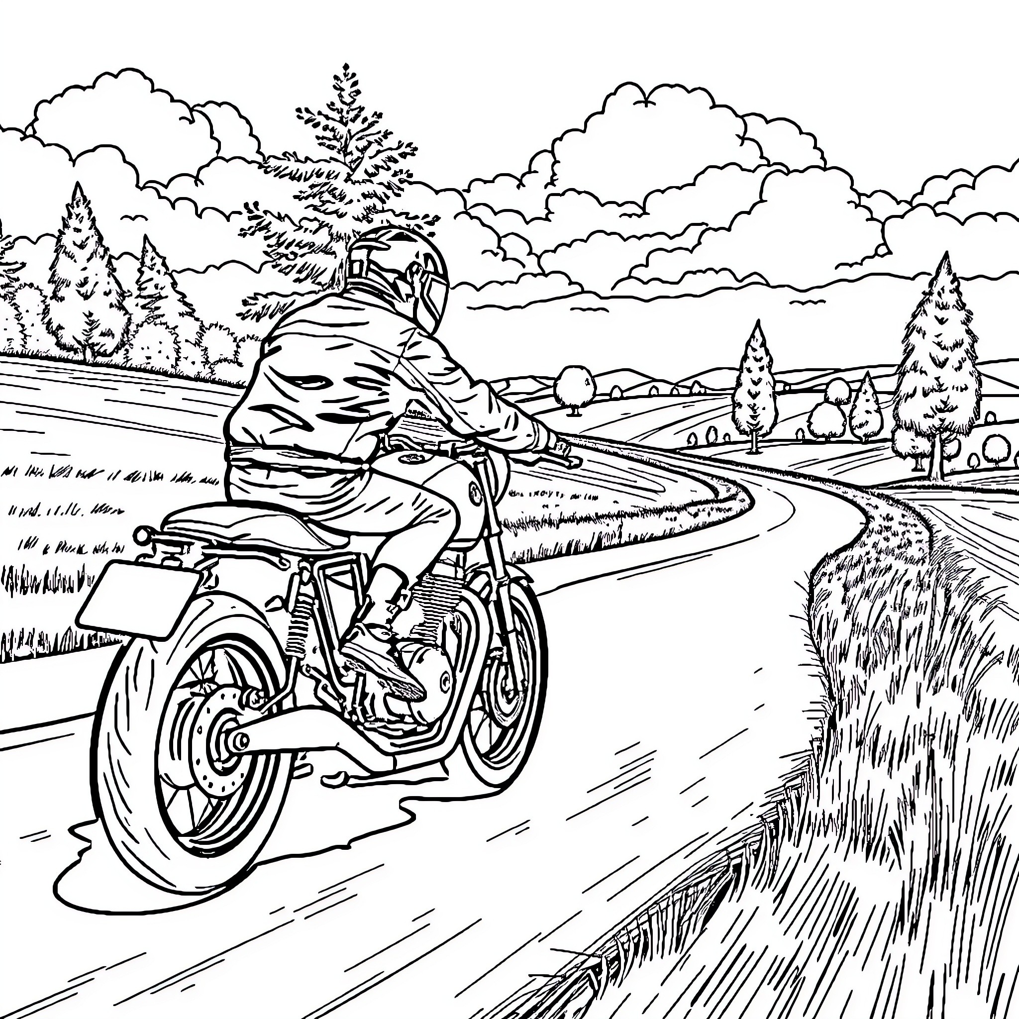 Motorcycle on a winding road through a scenic landscape Coloring Page (free black-and-white line drawing printable PDF for all, from beginners to advanced learners, including children, teens, adults, and seniors)