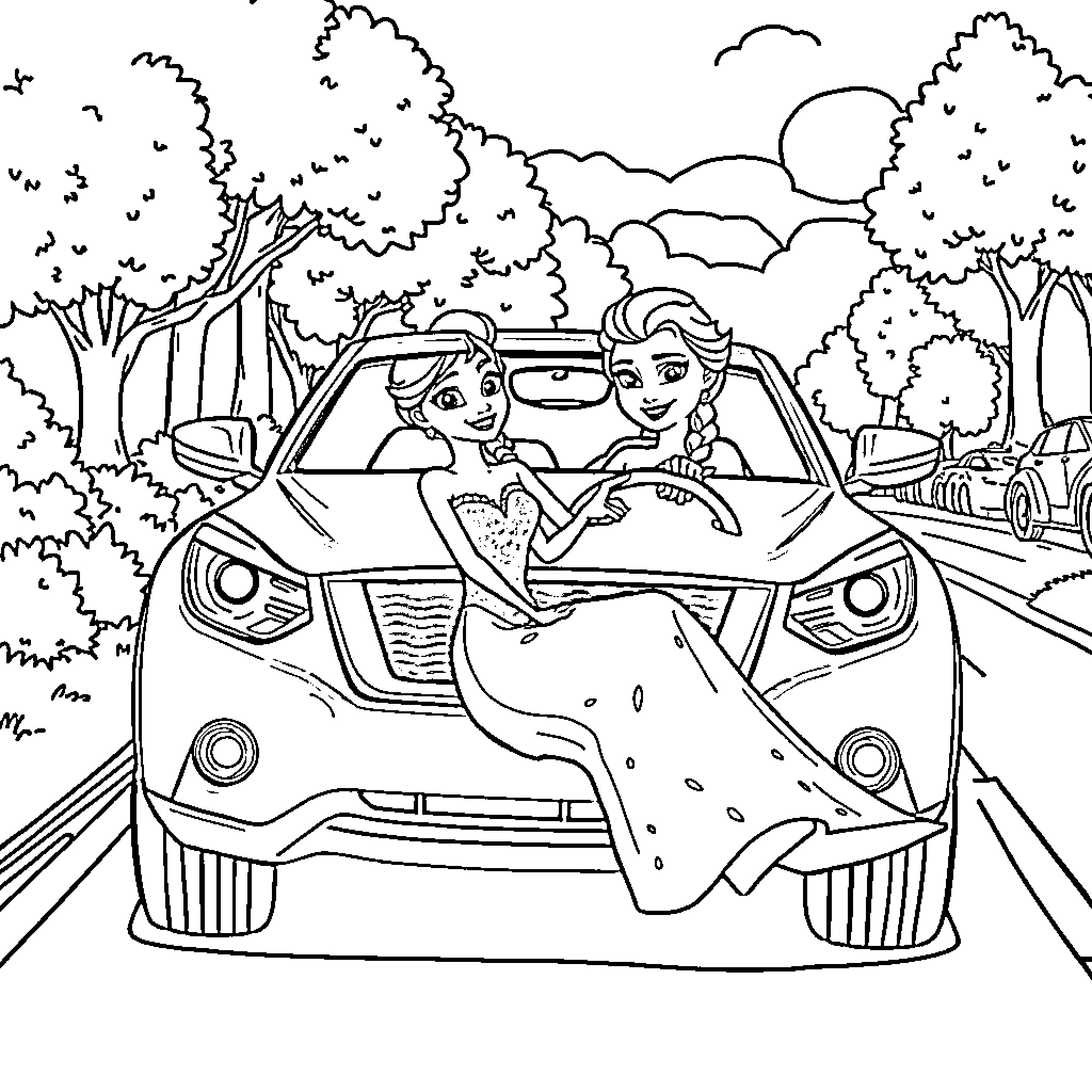 Elsa and Anna driving through the enchanted forest Coloring Page (free black-and-white line drawing printable PDF for all, from beginners to advanced learners, including children, teens, adults, and seniors)