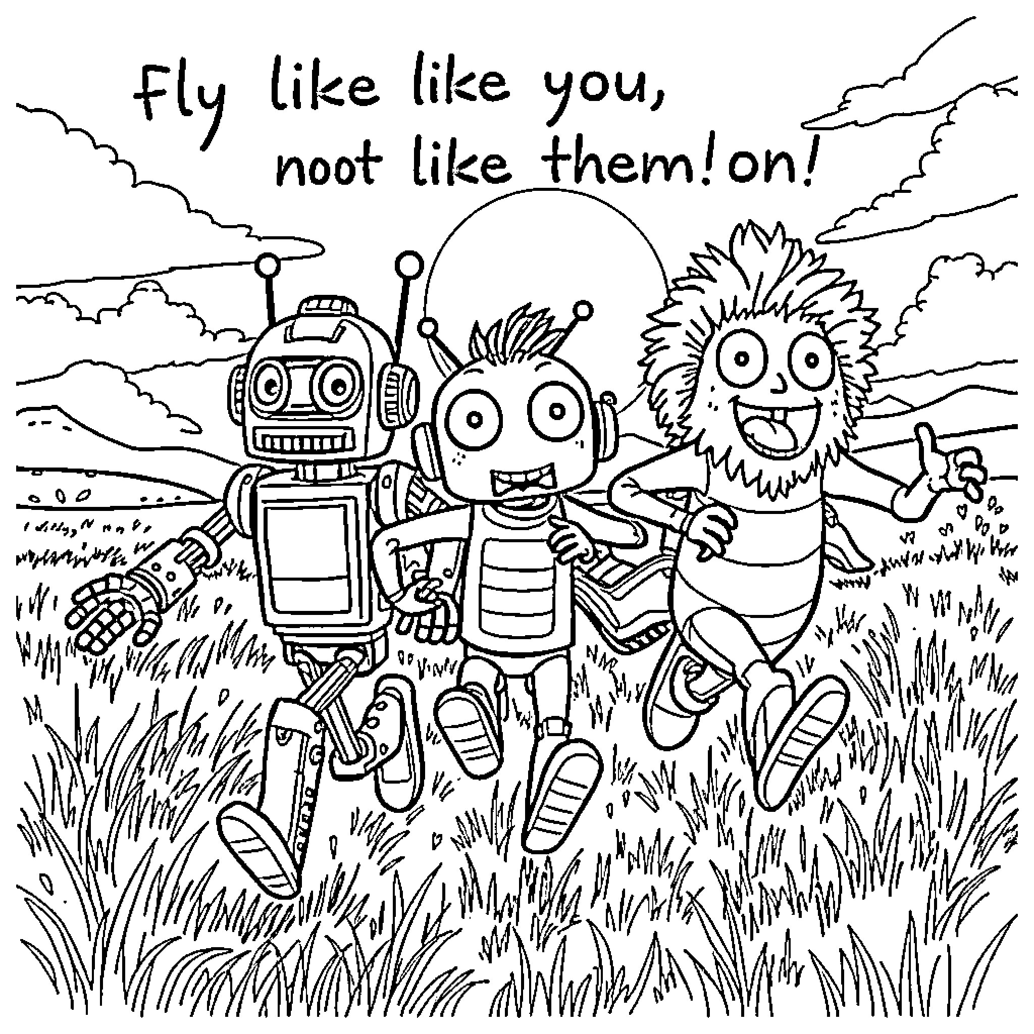 Robot Friends Exploring Outdoors Joyfully Coloring Page (free black-and-white line drawing printable PDF for all, from beginners to advanced learners, including children, teens, adults, and seniors)