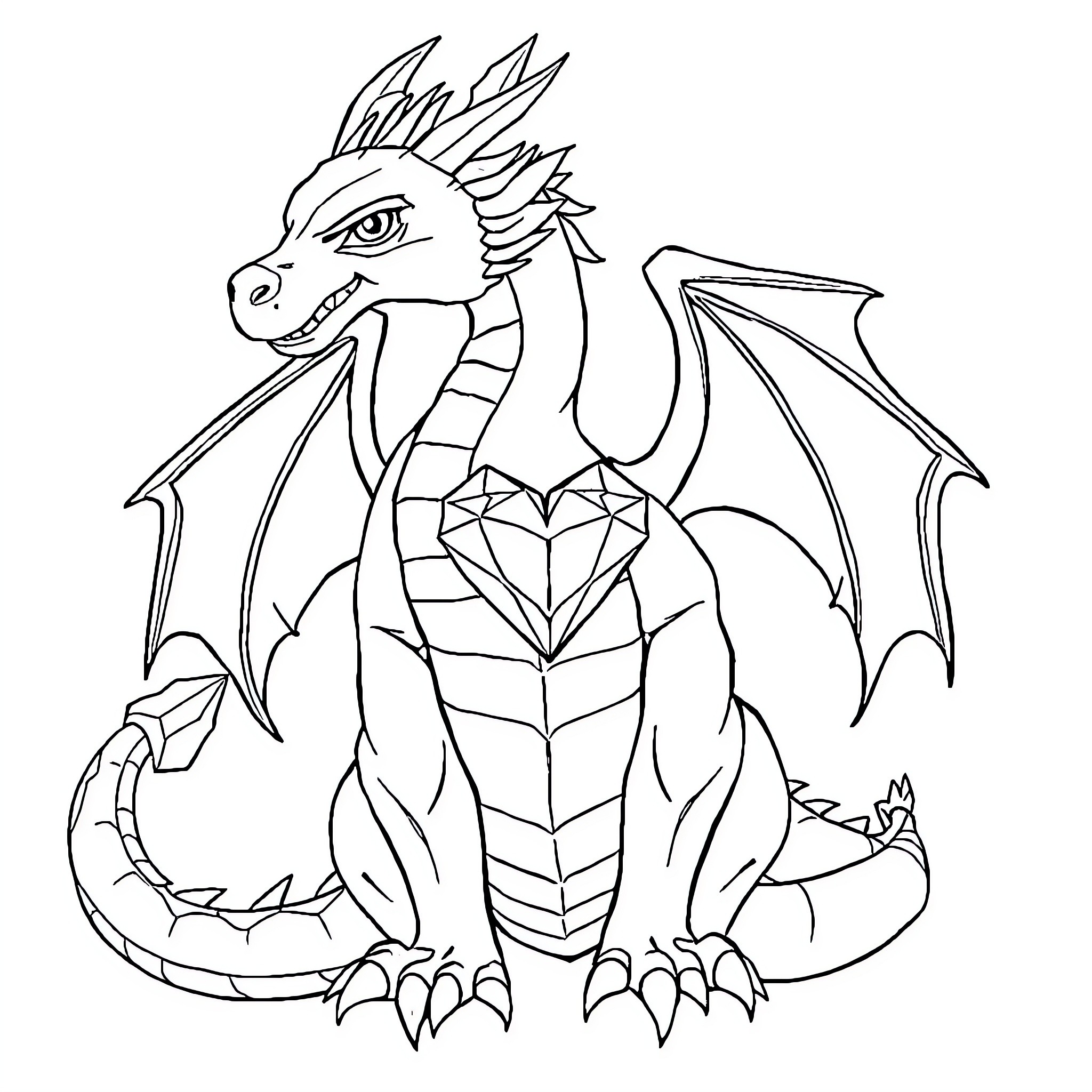 Dragon with intricate wings and a jewel-like chest Coloring Page (free black-and-white line drawing printable PDF for all, from beginners to advanced learners, including children, teens, adults, and seniors)