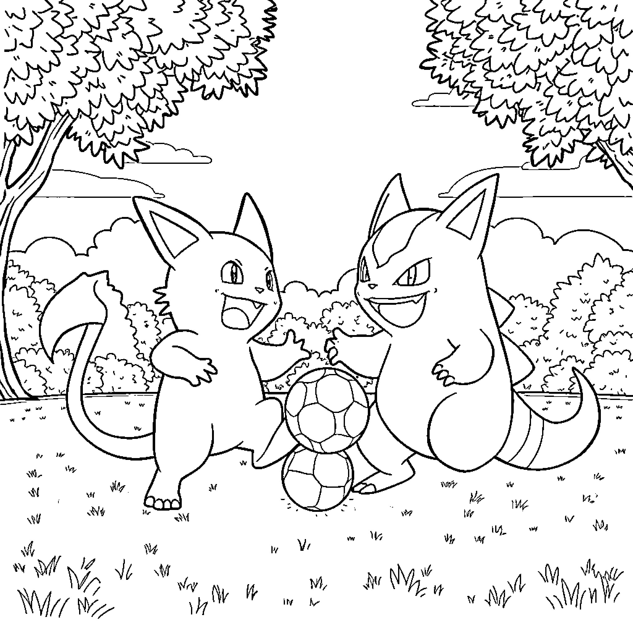 Gengar and friends playing with a soccer ball in a park Coloring Page (free black-and-white line drawing printable PDF for all, from beginners to advanced learners, including children, teens, adults, and seniors)