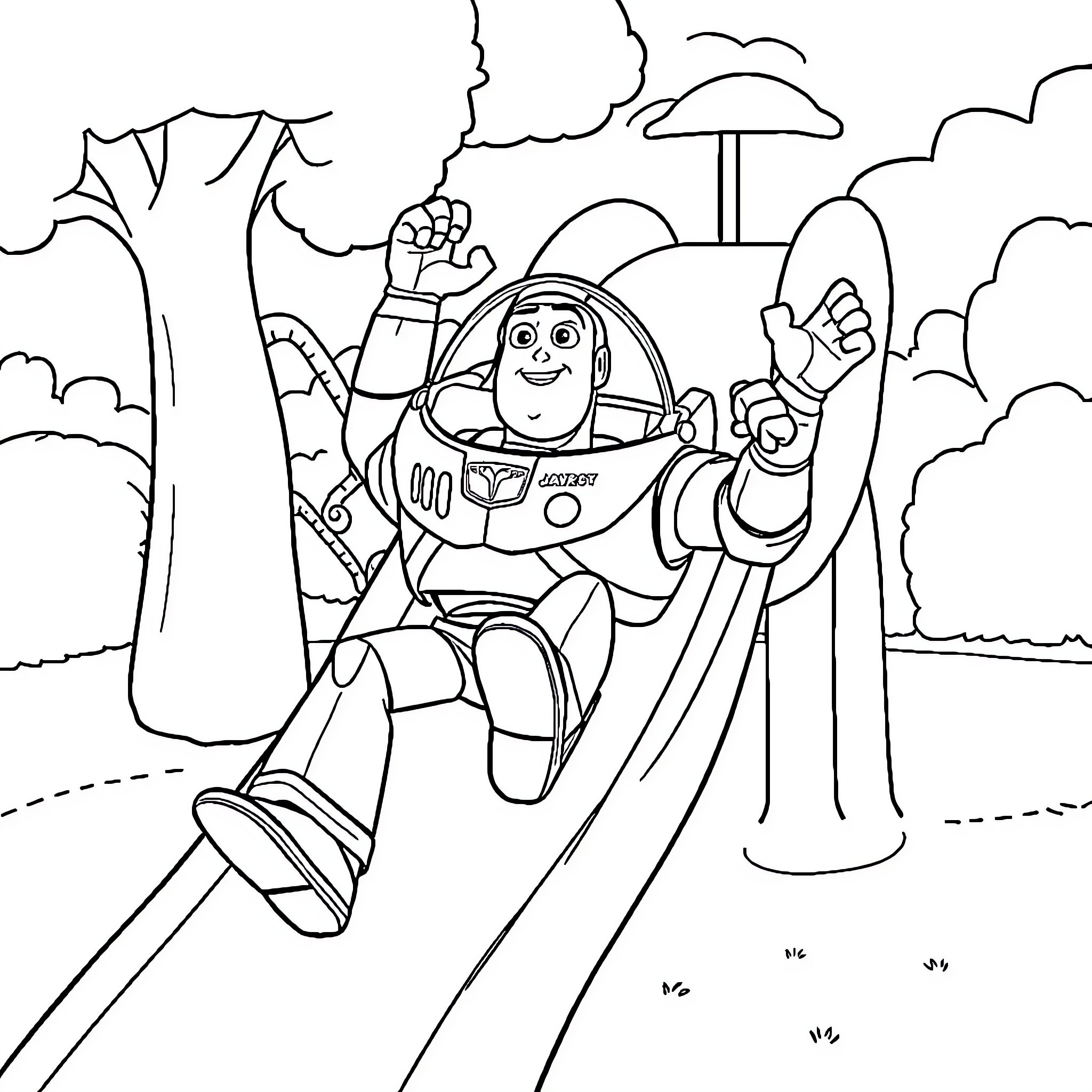 Buzz Lightyear's Space Adventure Coloring Page (free black-and-white line drawing printable PDF for all, from beginners to advanced learners, including children, teens, adults, and seniors)